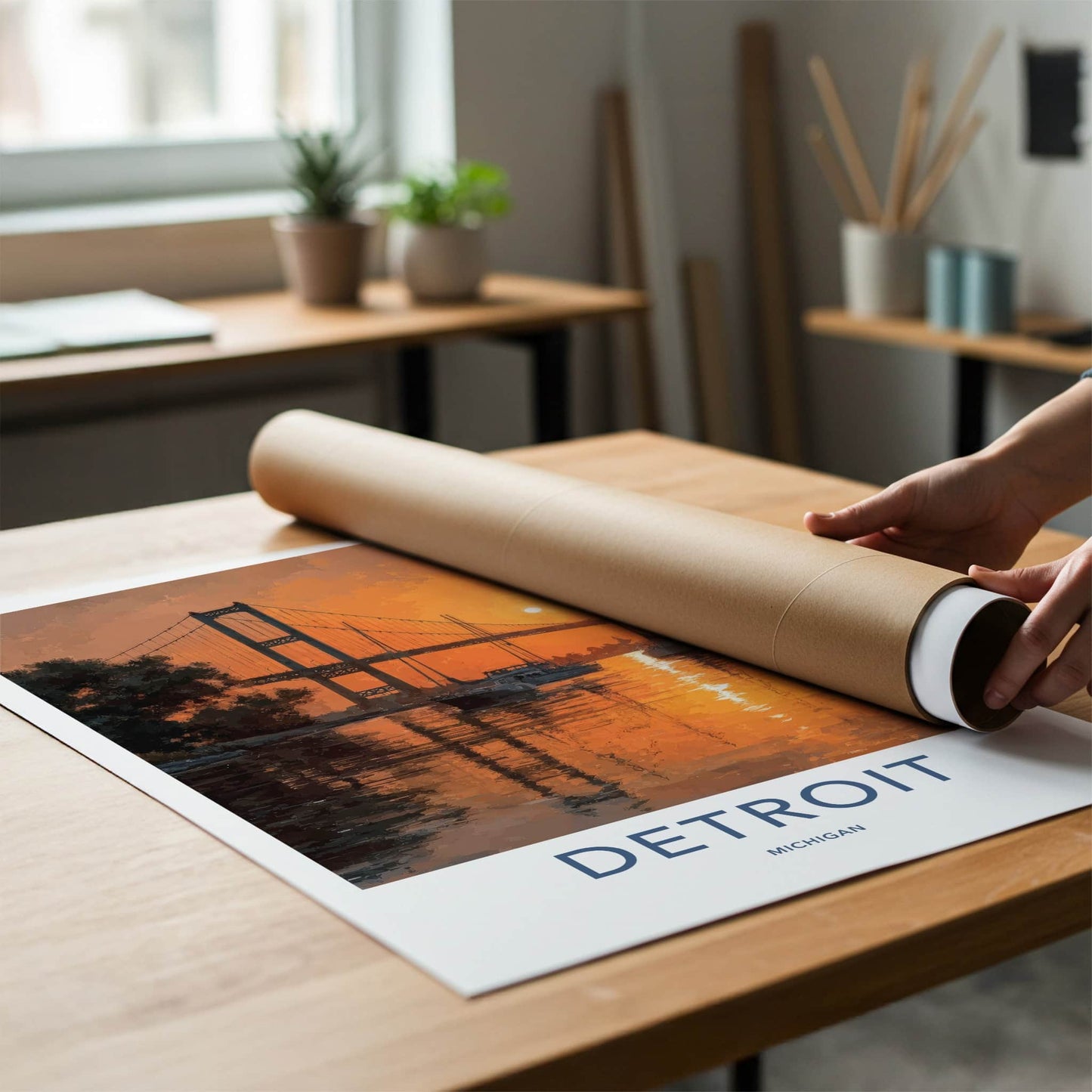 Detroit Poster - Michigan Travel Art - Bridge River Sunset Home Decor