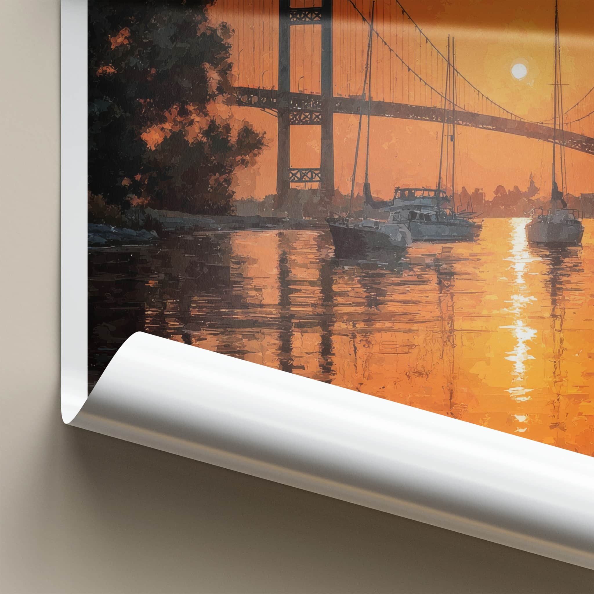 Detroit Poster - Michigan Travel Art - Bridge River Sunset Home Decor