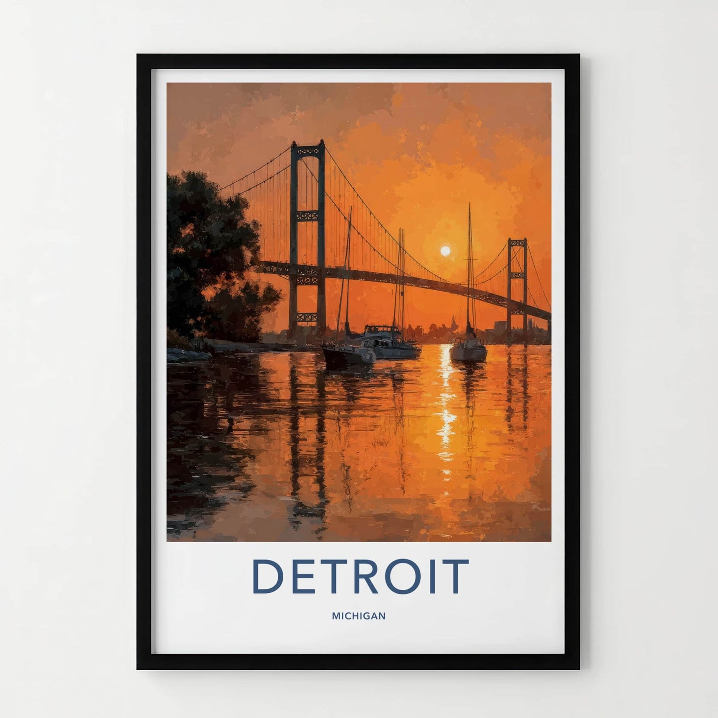 Detroit Poster - Michigan Travel Art - Bridge River Sunset Home Decor