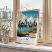 Detroit Poster - Michigan Travel Art - Cityscape River Bridge Home Decor