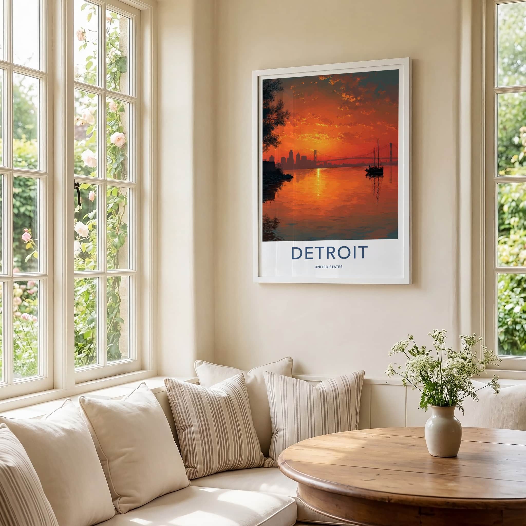 Detroit Poster - Michigan Travel Art - Fiery Sunset Sailboat Home Decor