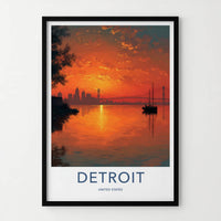 Detroit Poster - Michigan Travel Art - Fiery Sunset Sailboat Home Decor