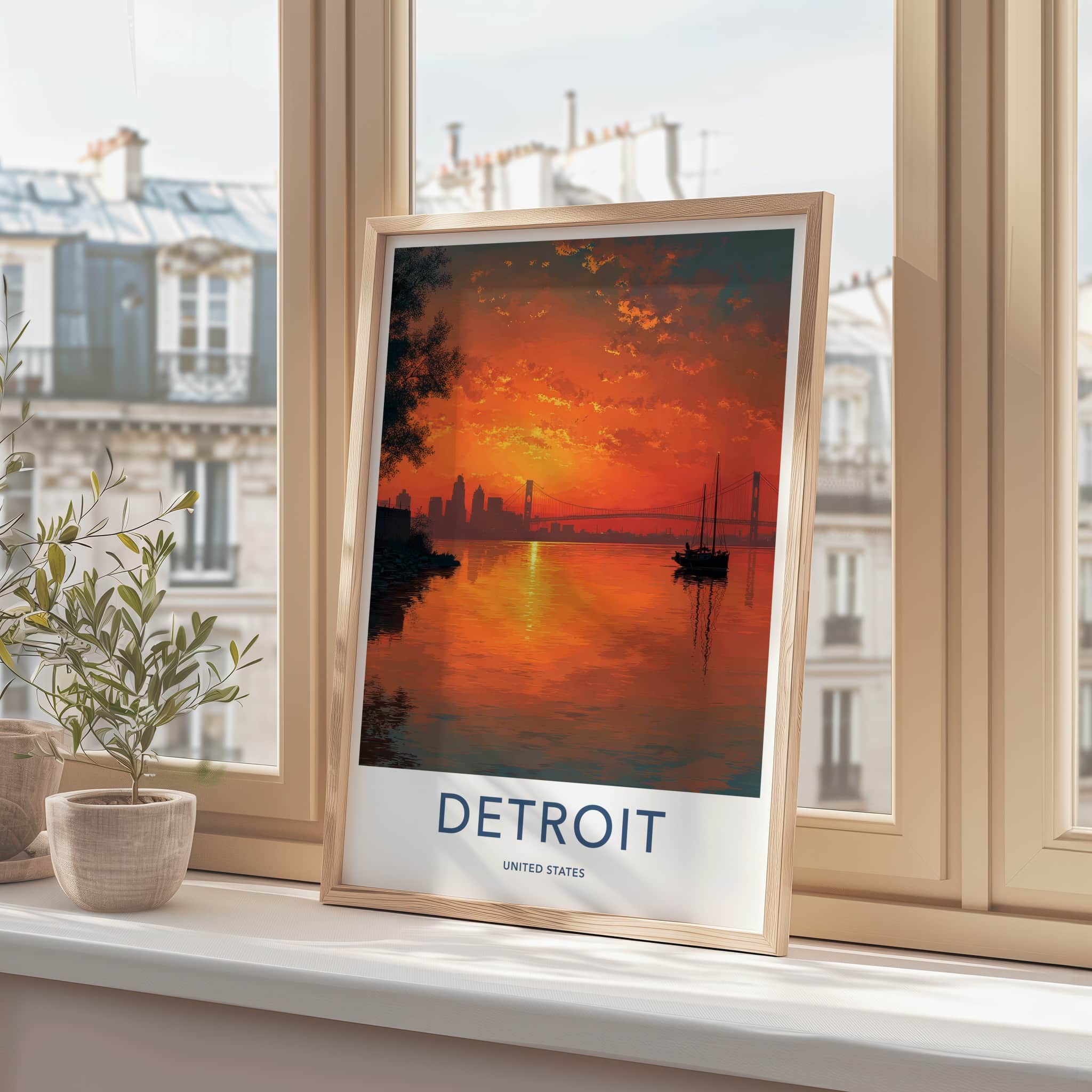 Detroit Poster - Michigan Travel Art - Fiery Sunset Sailboat Home Decor