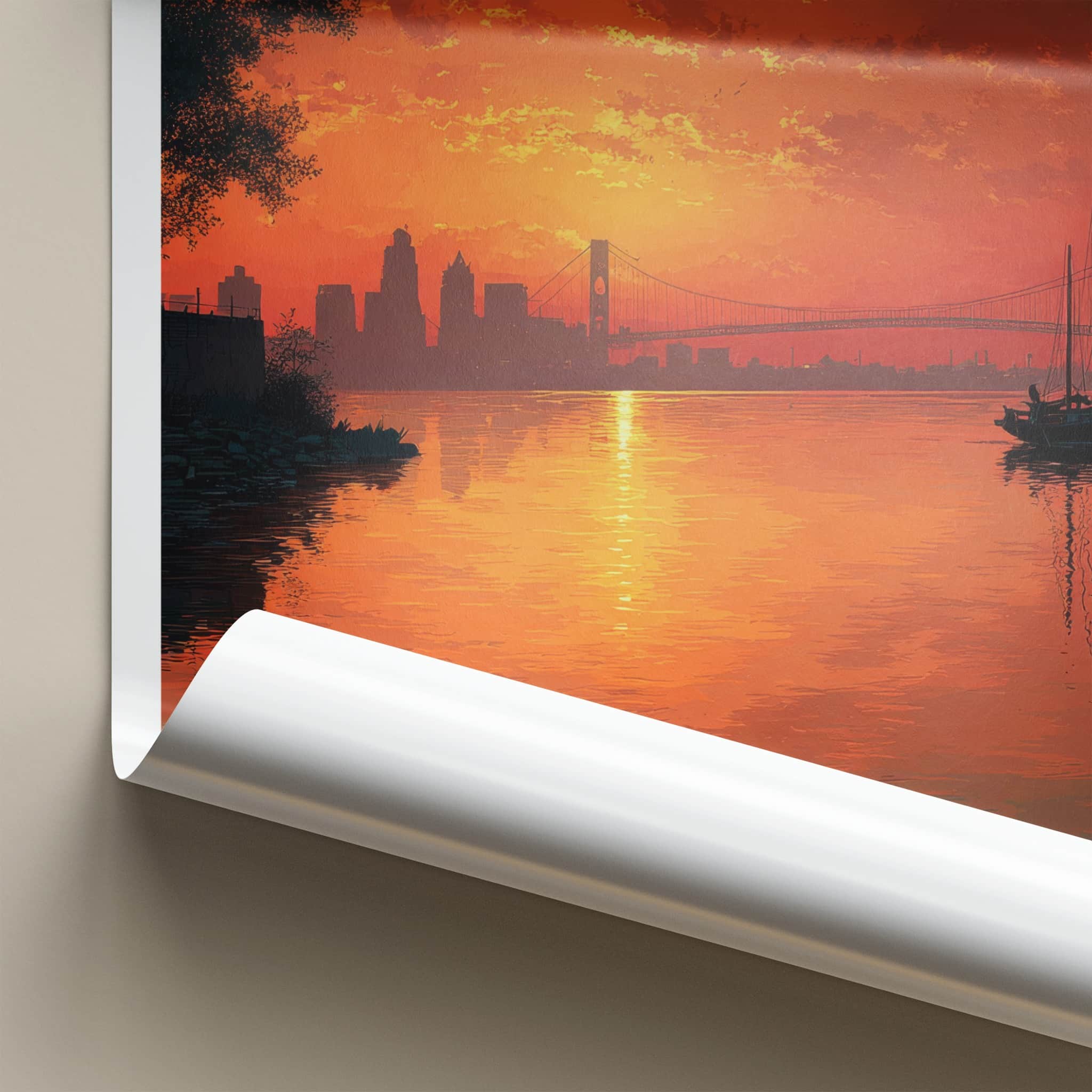 Detroit Poster - Michigan Travel Art - Fiery Sunset Sailboat Home Decor