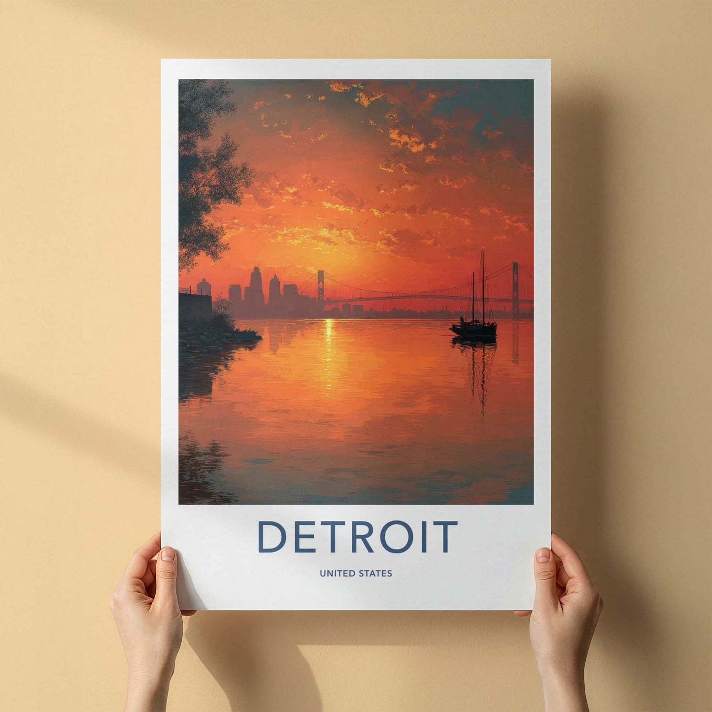 Detroit Poster - Michigan Travel Art - Fiery Sunset Sailboat Home Decor