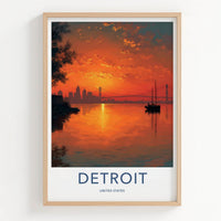 Detroit Poster - Michigan Travel Art - Fiery Sunset Sailboat Home Decor
