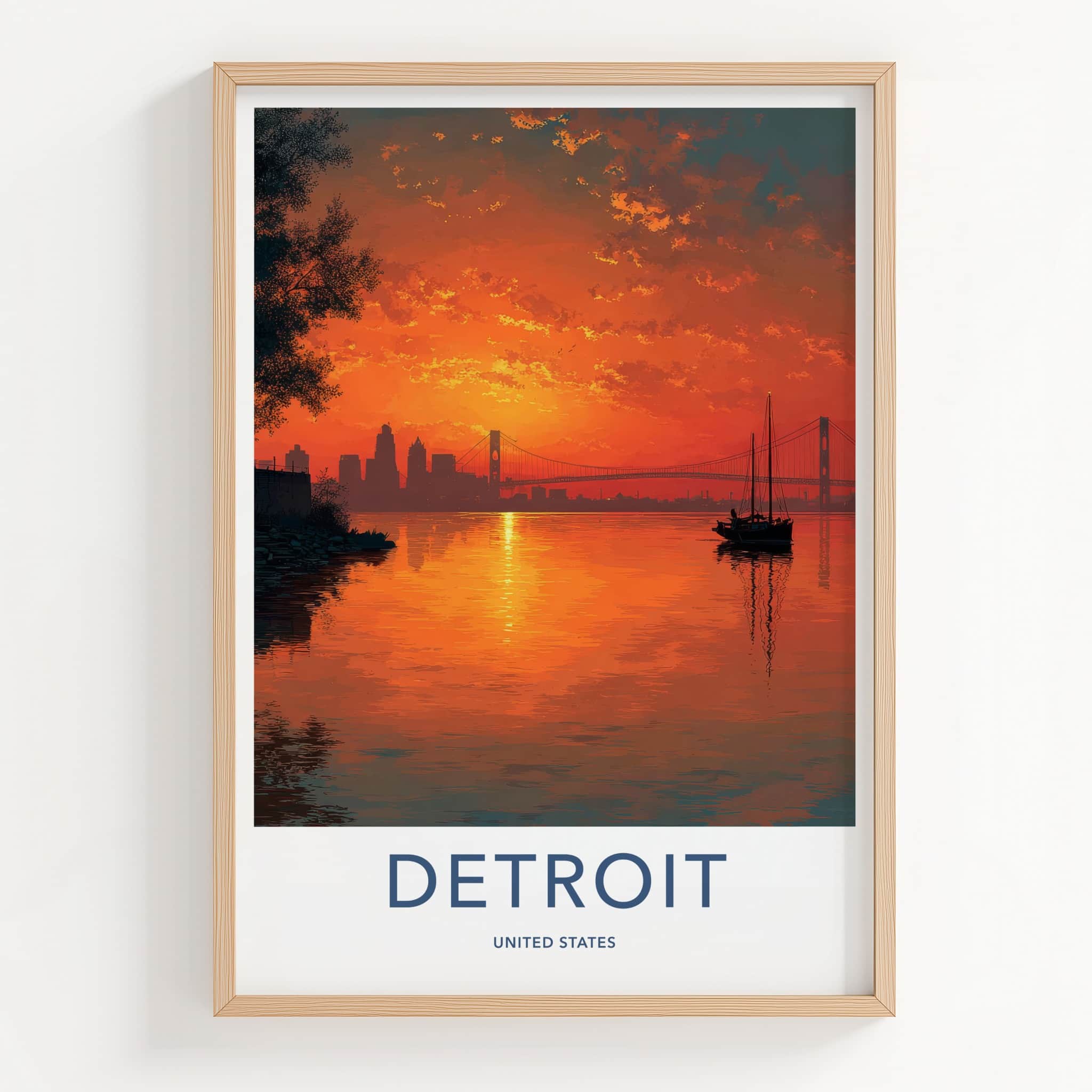 Detroit Poster - Michigan Travel Art - Fiery Sunset Sailboat Home Decor