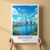 Detroit Poster - Michigan Travel Art - Vibrant City River Home Decor