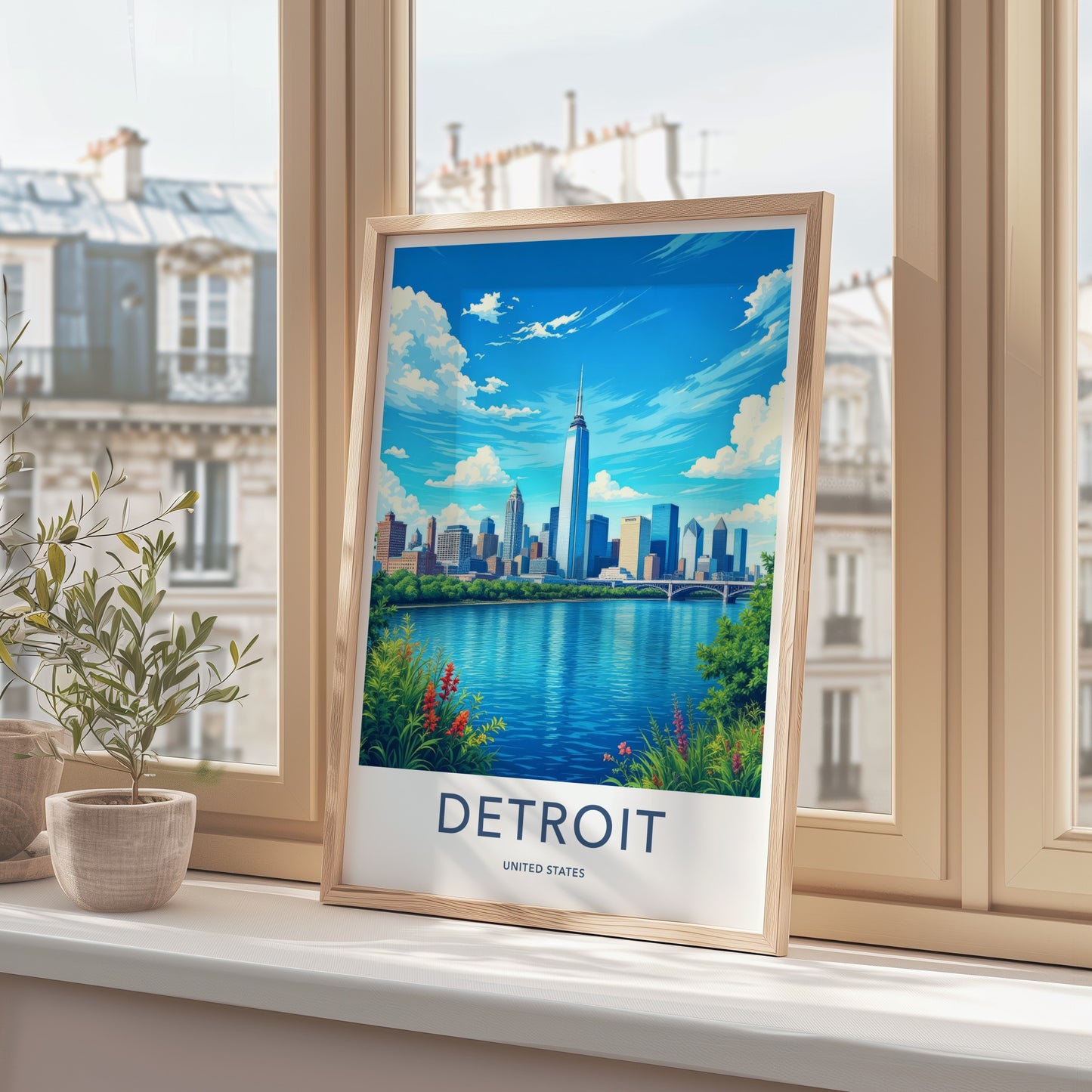 Detroit Poster - Michigan Travel Art - Vibrant City River Home Decor