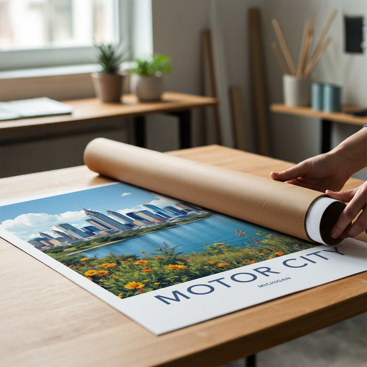 Detroit Poster - Michigan Travel Art - Vibrant Riverside Skyline Home Decor