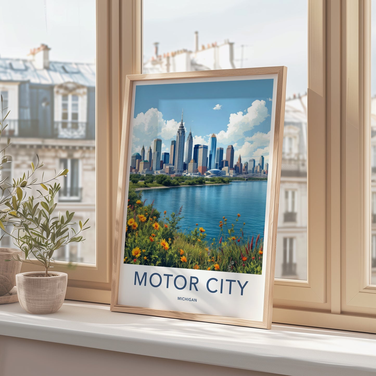 Detroit Poster - Michigan Travel Art - Vibrant Riverside Skyline Home Decor