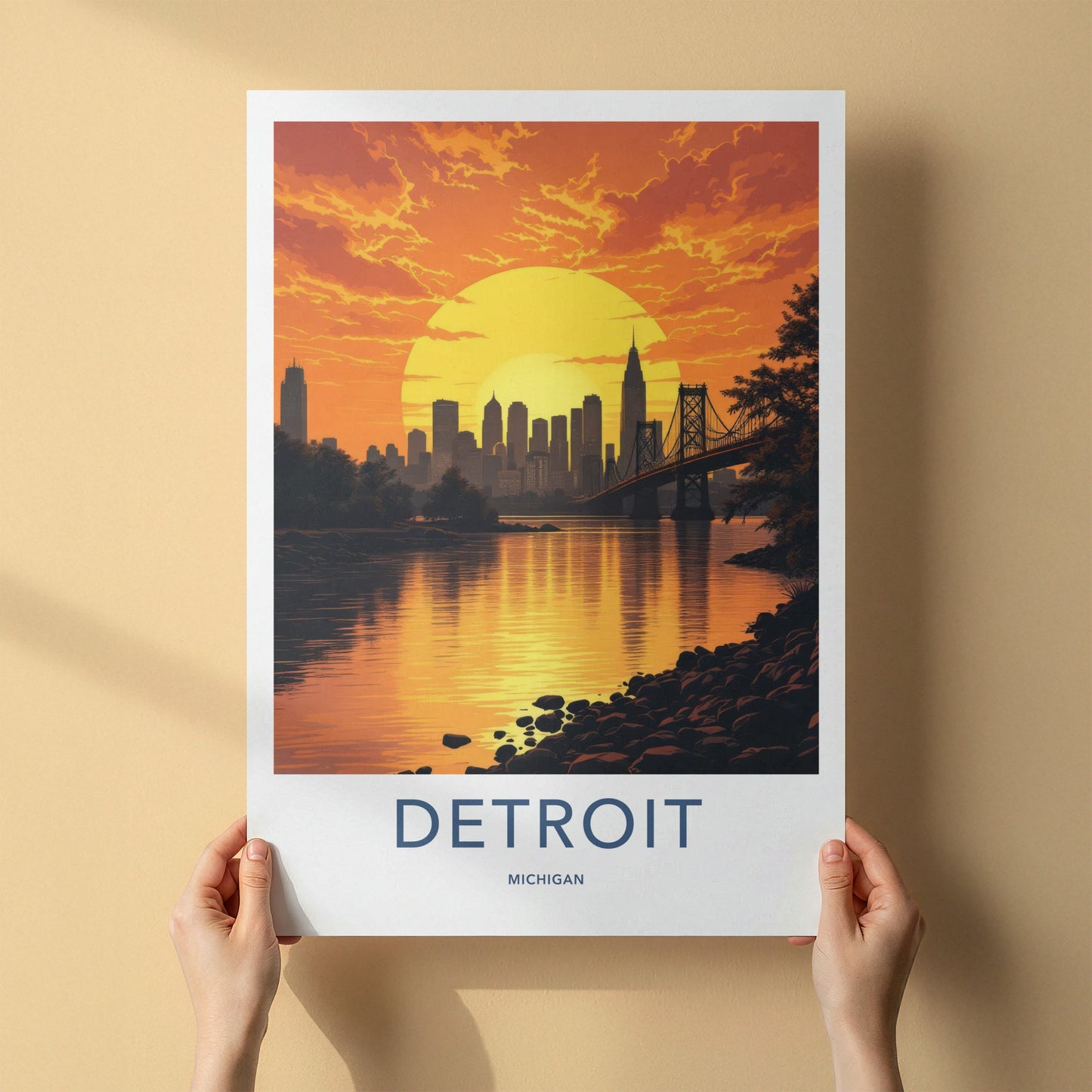 Detroit Poster - Michigan Travel Art - Vibrant Sunset Skyline Home Decor