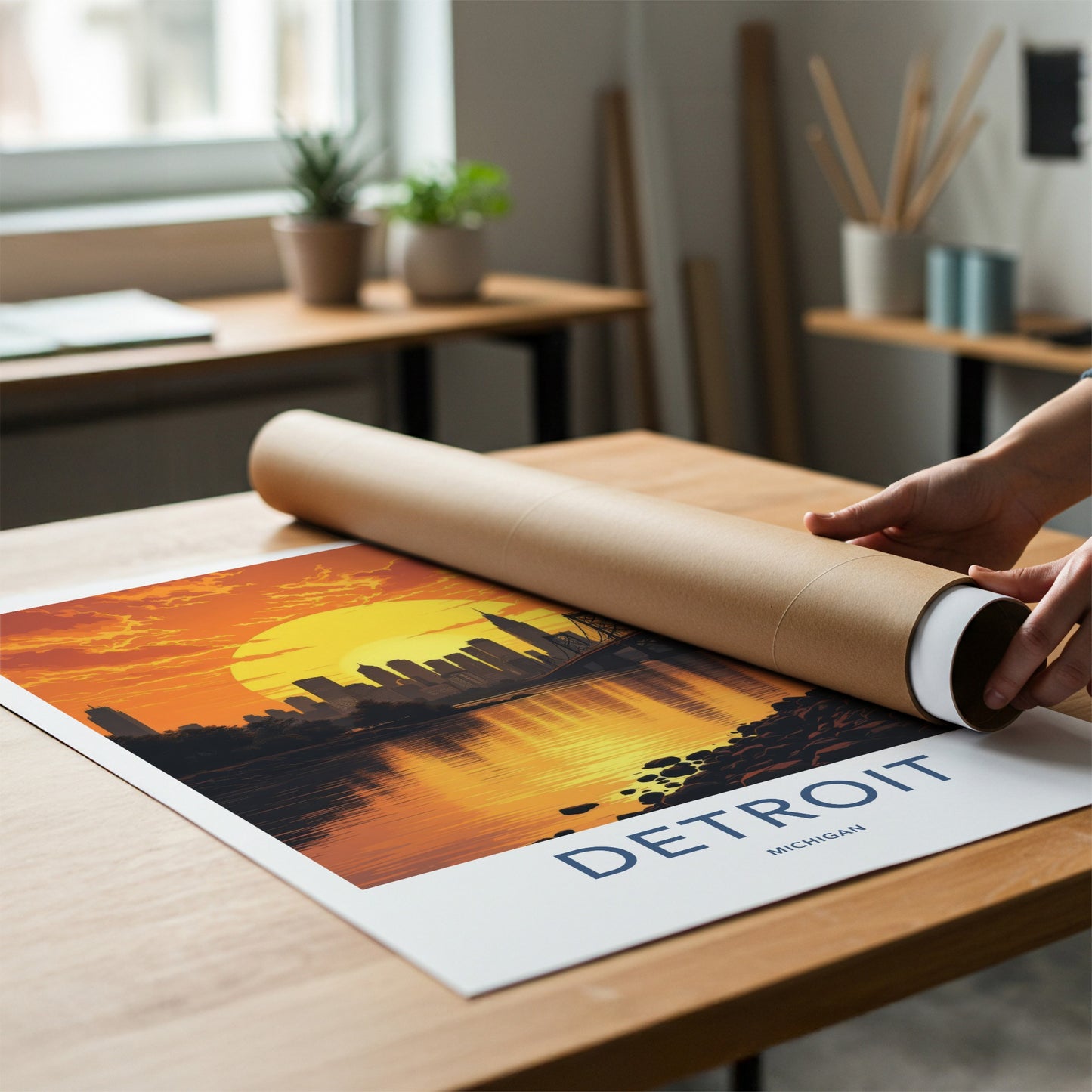 Detroit Poster - Michigan Travel Art - Vibrant Sunset Skyline Home Decor