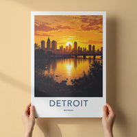 Detroit Poster - Michigan Travel Print - Golden City Sunset Wall Decor