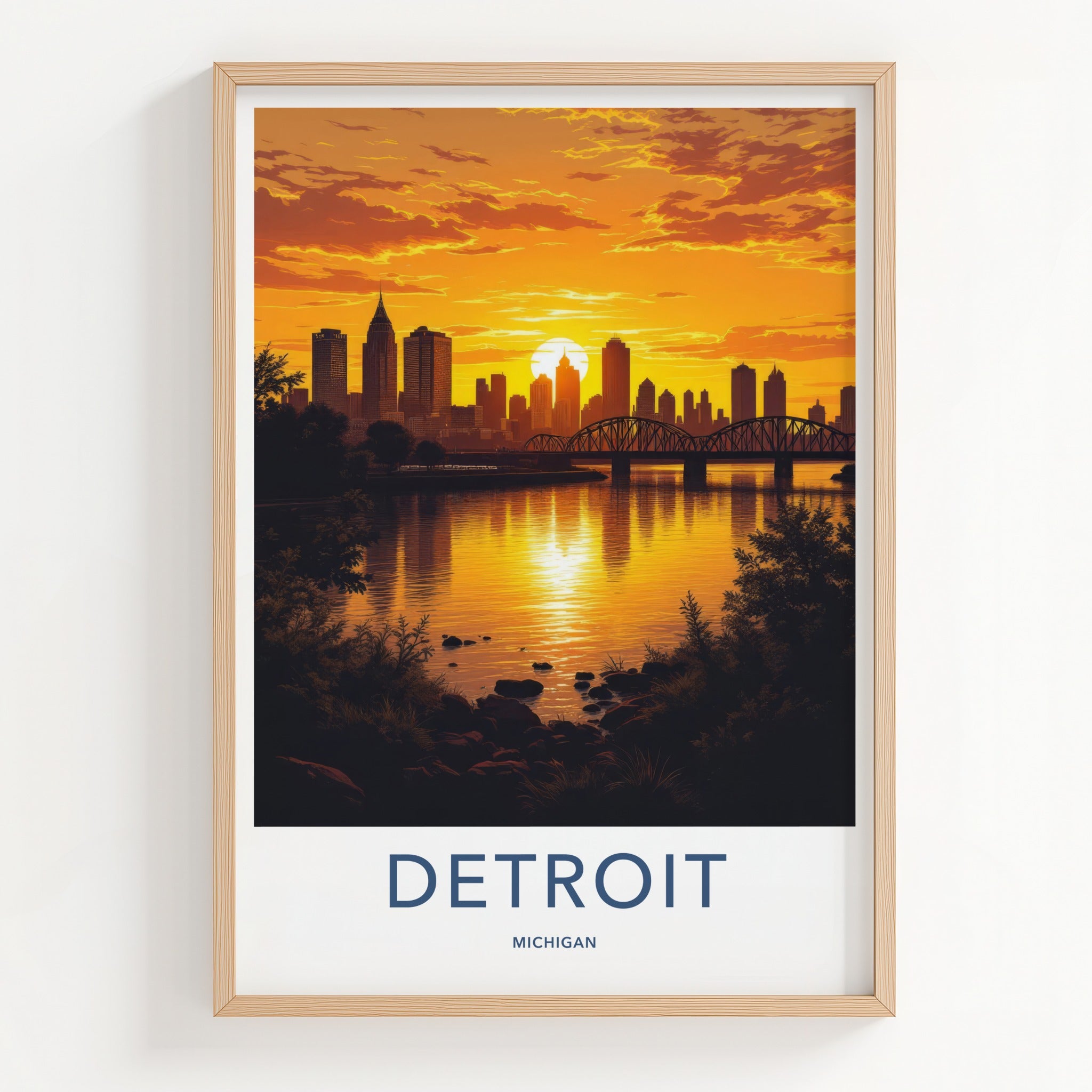 Detroit Poster - Michigan Travel Print - Golden City Sunset Wall Decor