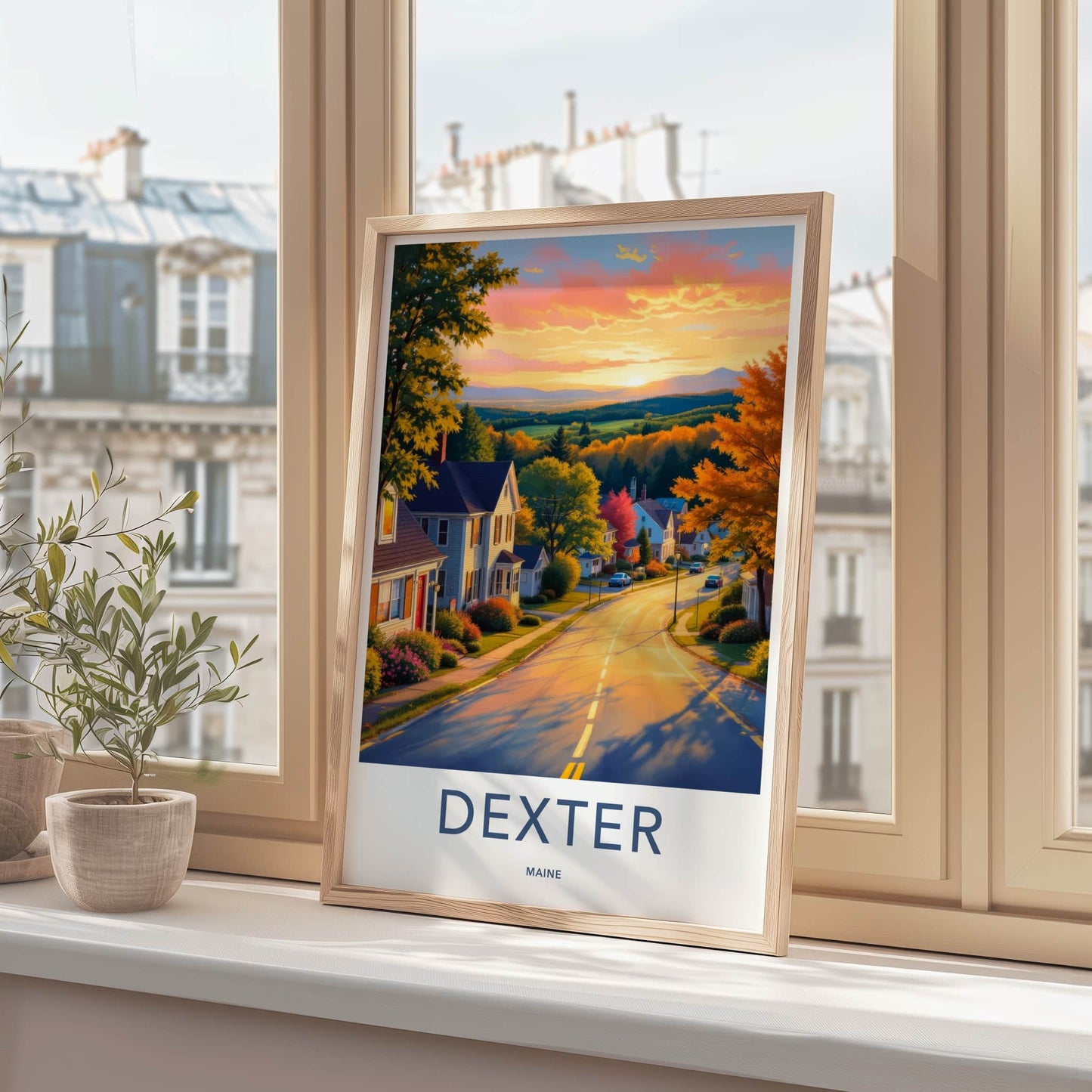 Dexter Poster - Maine Travel Art - Vibrant Autumn Sunset Wall Decor