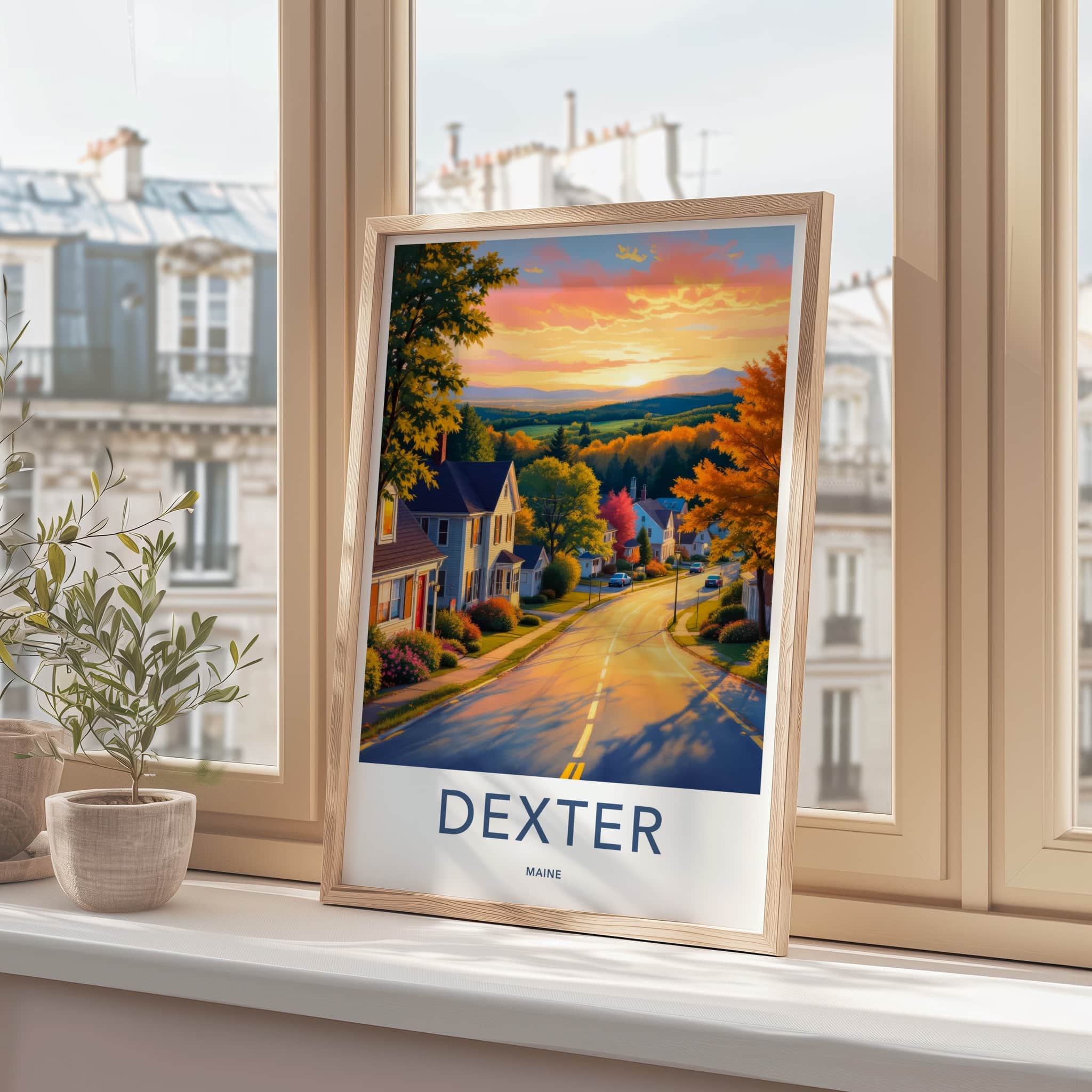 Dexter Poster - Maine Travel Art - Vibrant Autumn Sunset Wall Decor