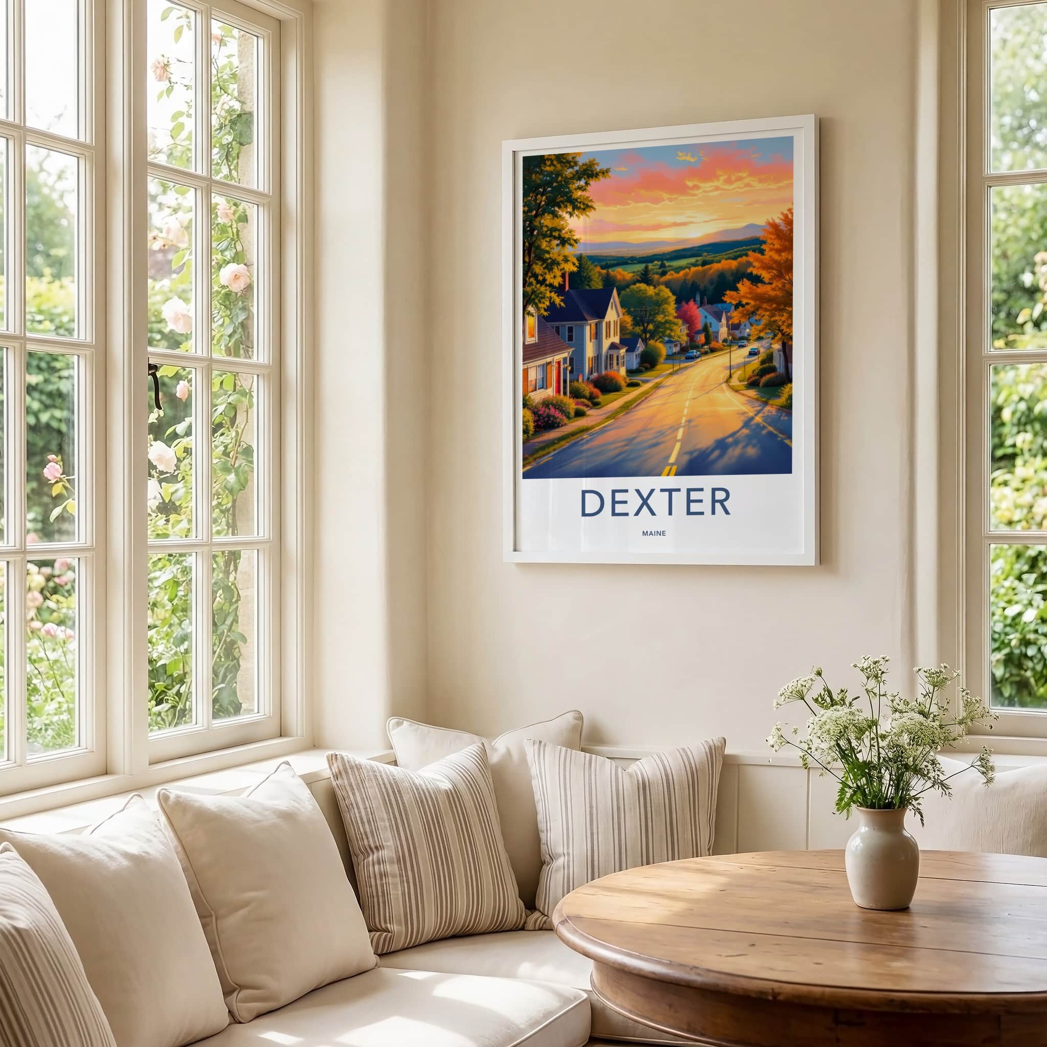 Dexter Poster - Maine Travel Art - Vibrant Autumn Sunset Wall Decor