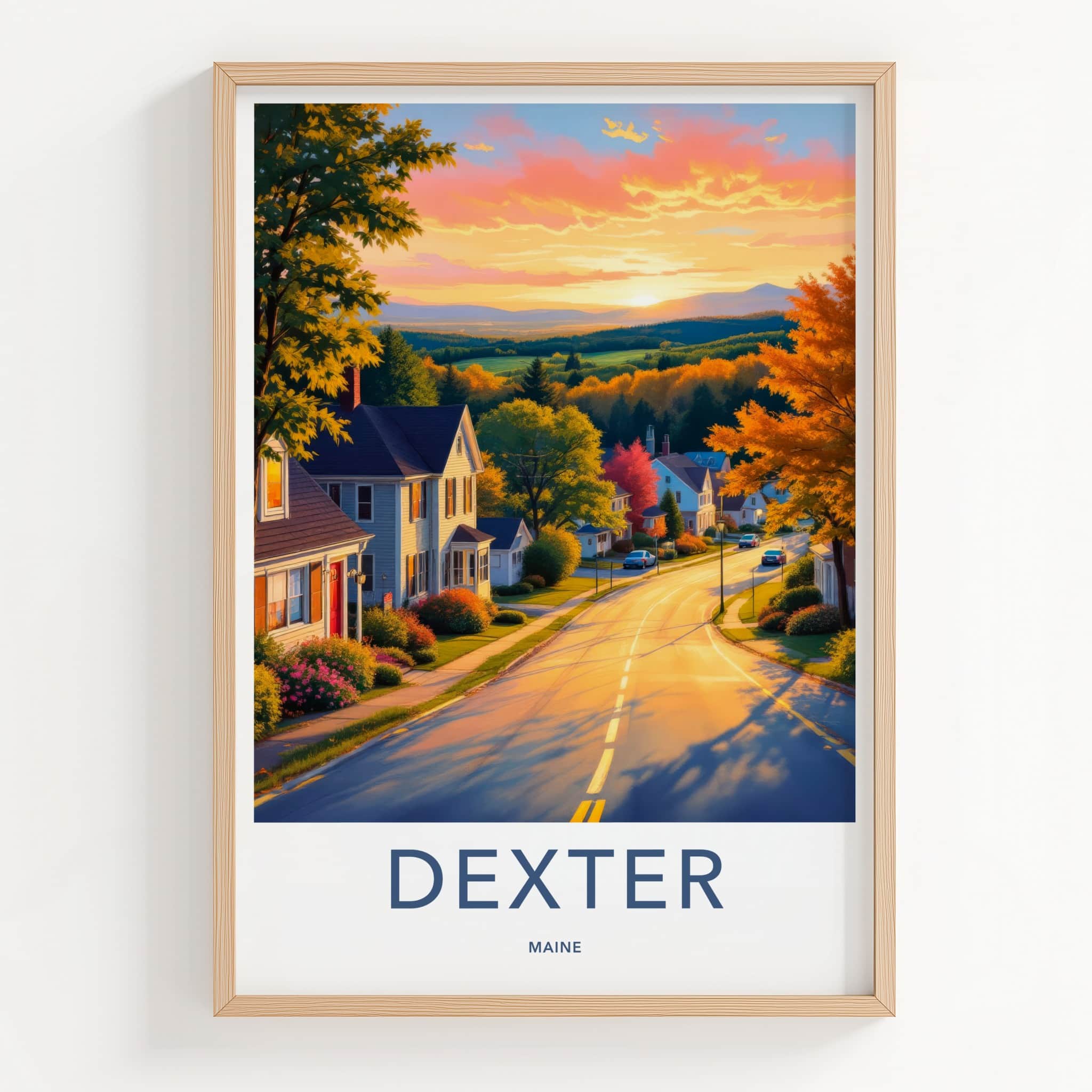 Dexter Poster - Maine Travel Art - Vibrant Autumn Sunset Wall Decor