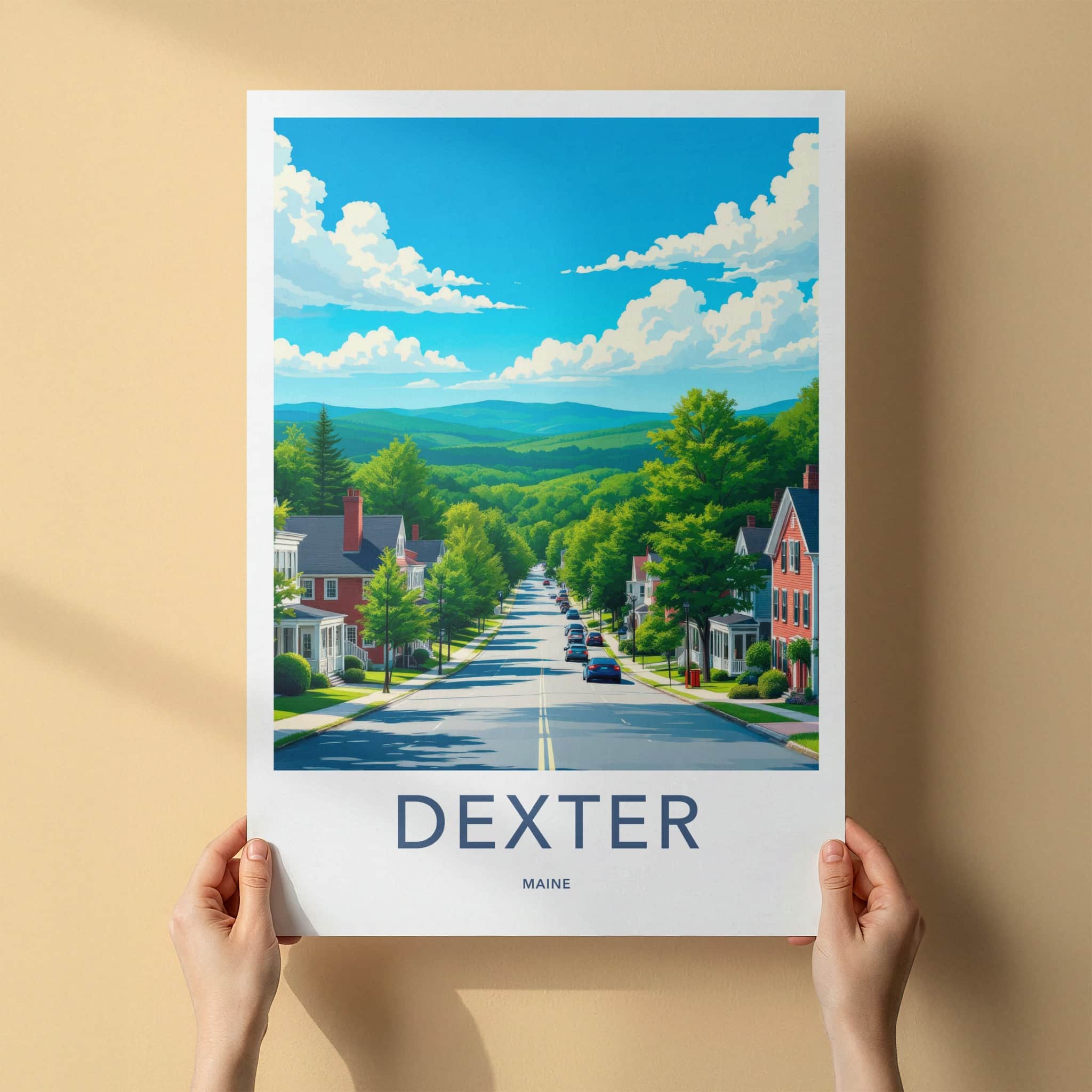 Dexter Poster - Maine Travel Print - Residential Town Street Framed Decor