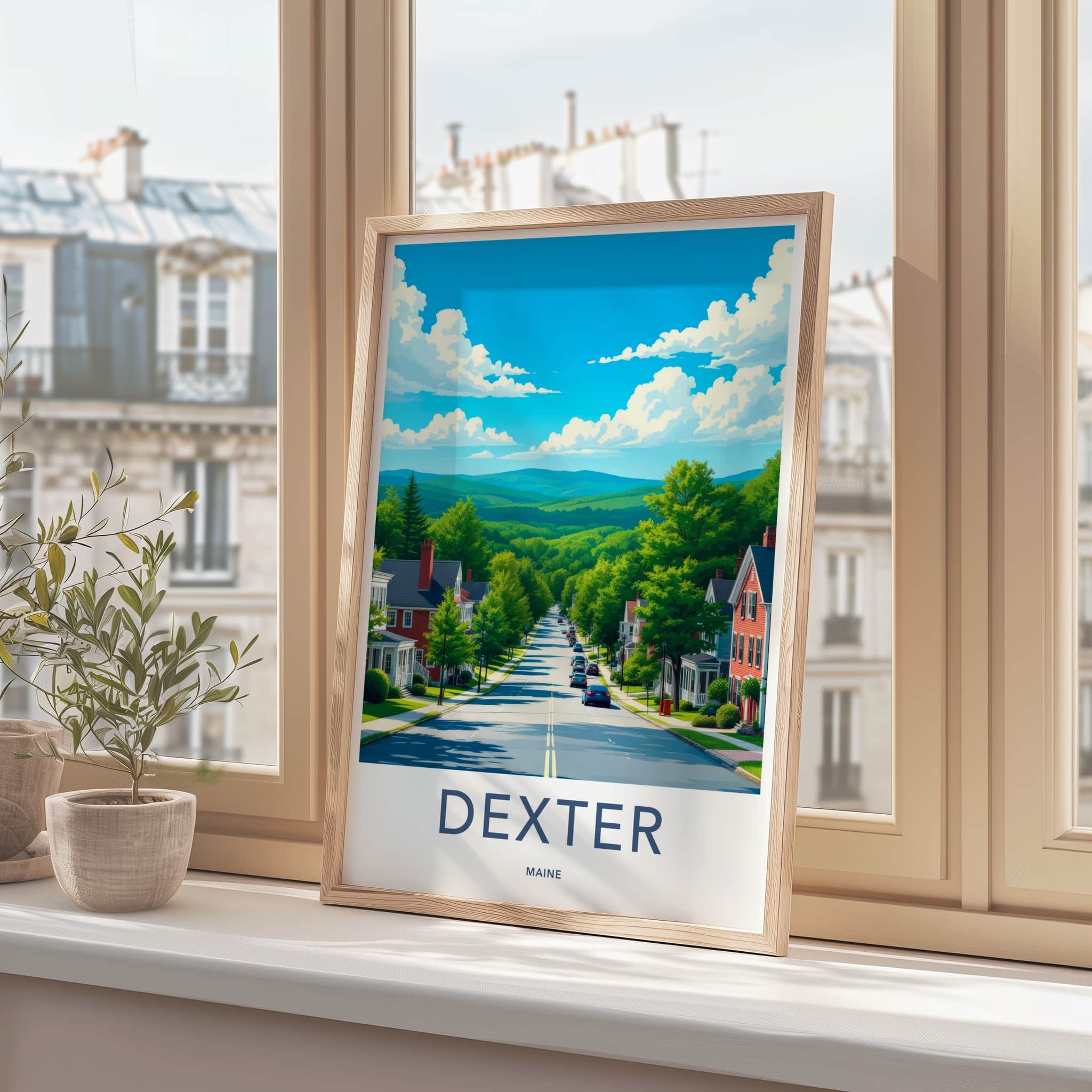 Dexter Poster - Maine Travel Print - Residential Town Street Framed Decor