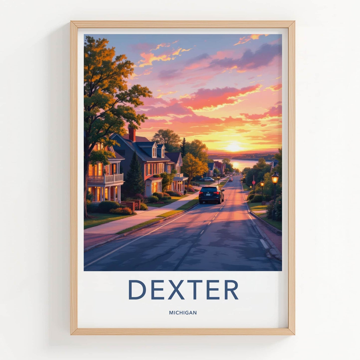 DEXTER Poster - Michigan Travel Art - Lakeside Sunset Street Home Decor