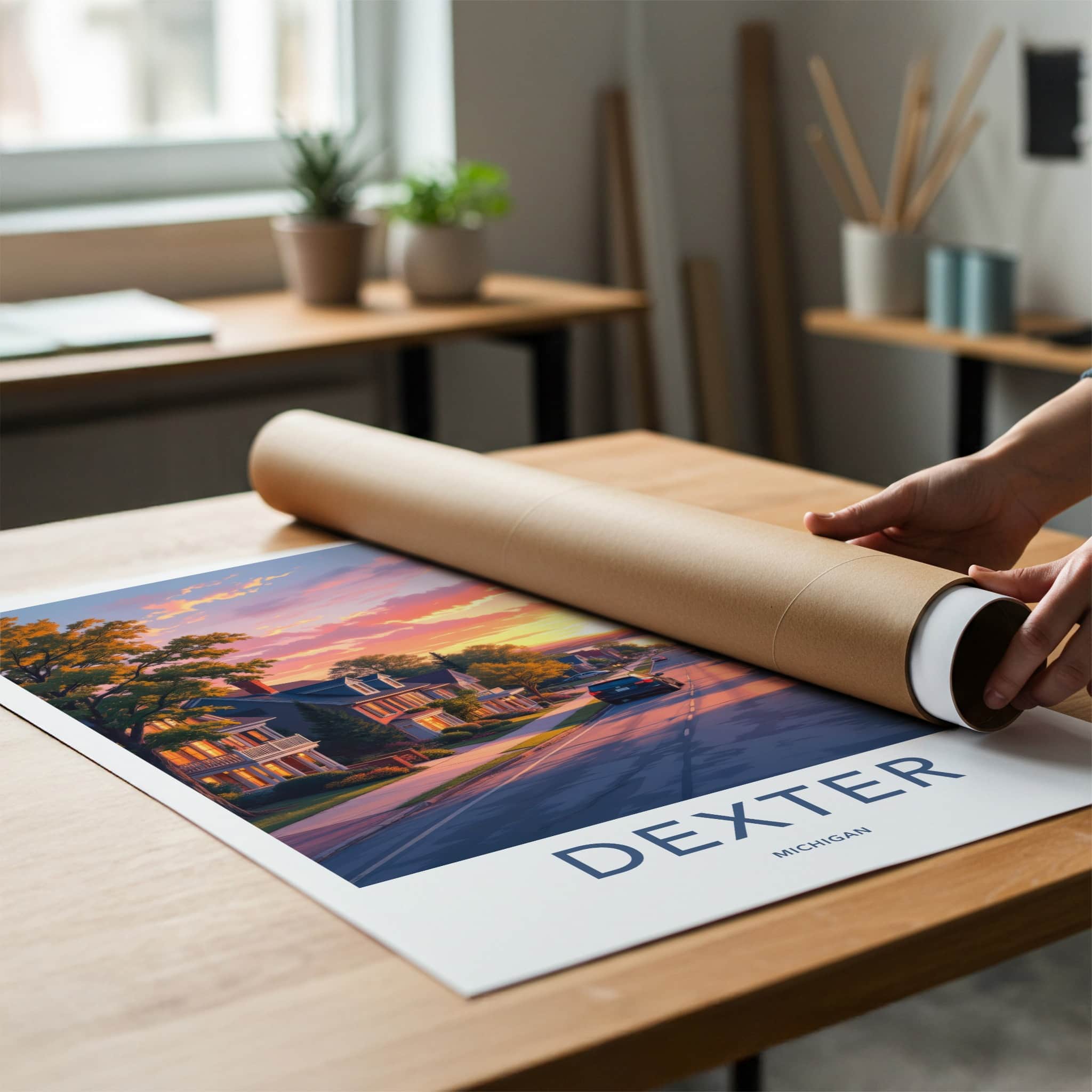 DEXTER Poster - Michigan Travel Art - Lakeside Sunset Street Home Decor