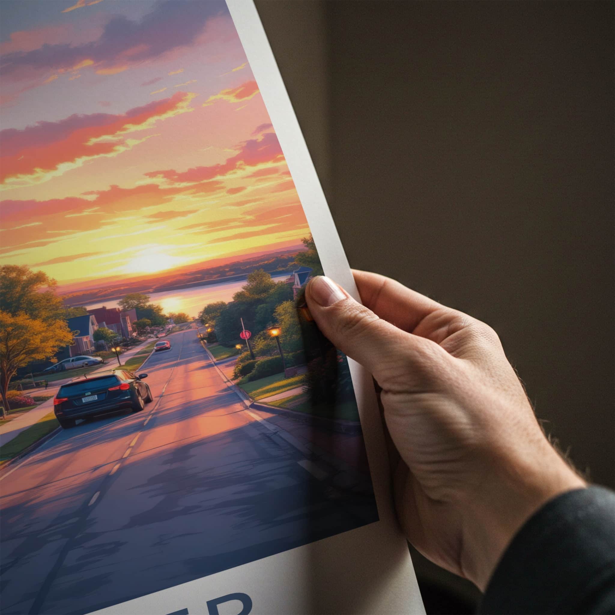 DEXTER Poster - Michigan Travel Art - Lakeside Sunset Street Home Decor