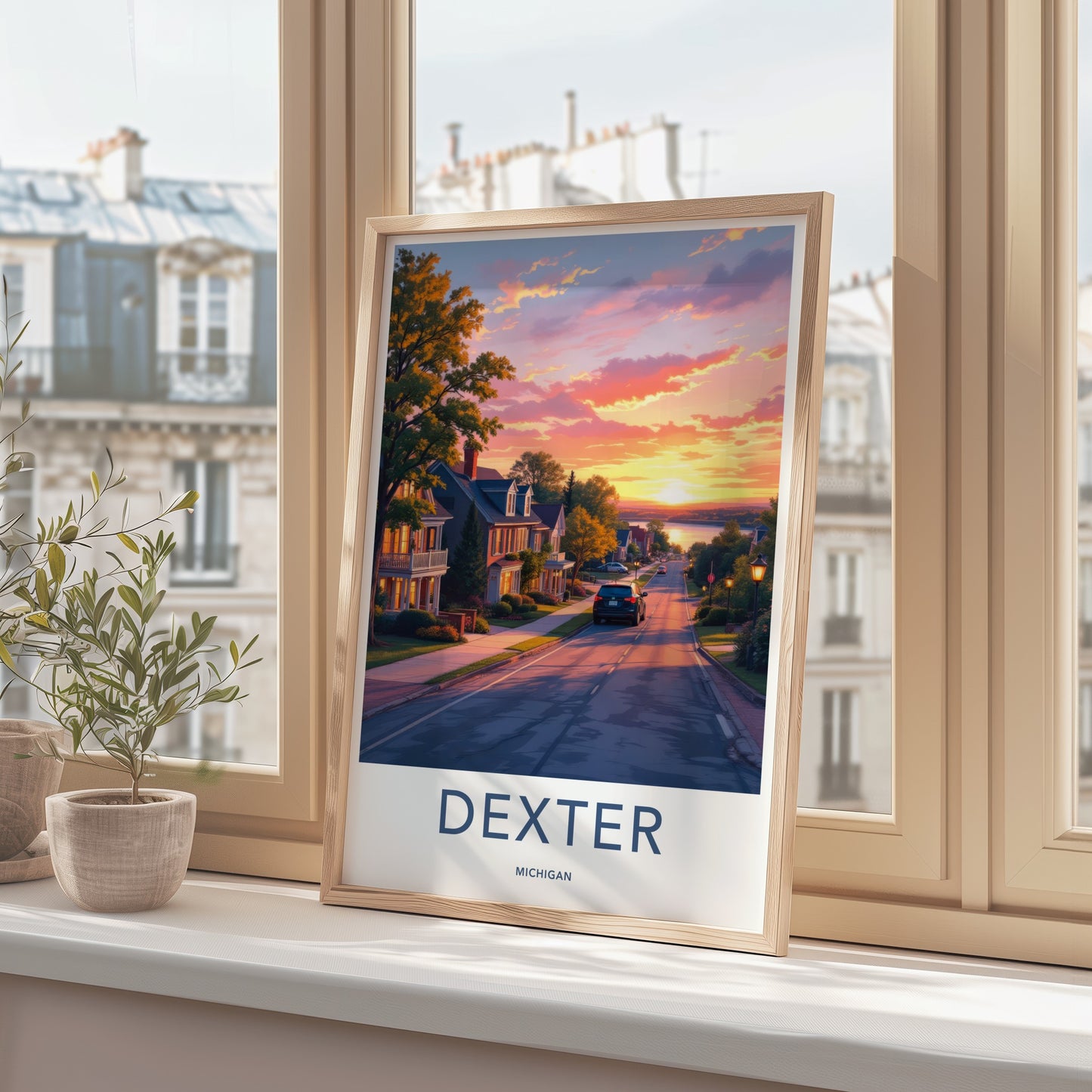 DEXTER Poster - Michigan Travel Art - Lakeside Sunset Street Home Decor