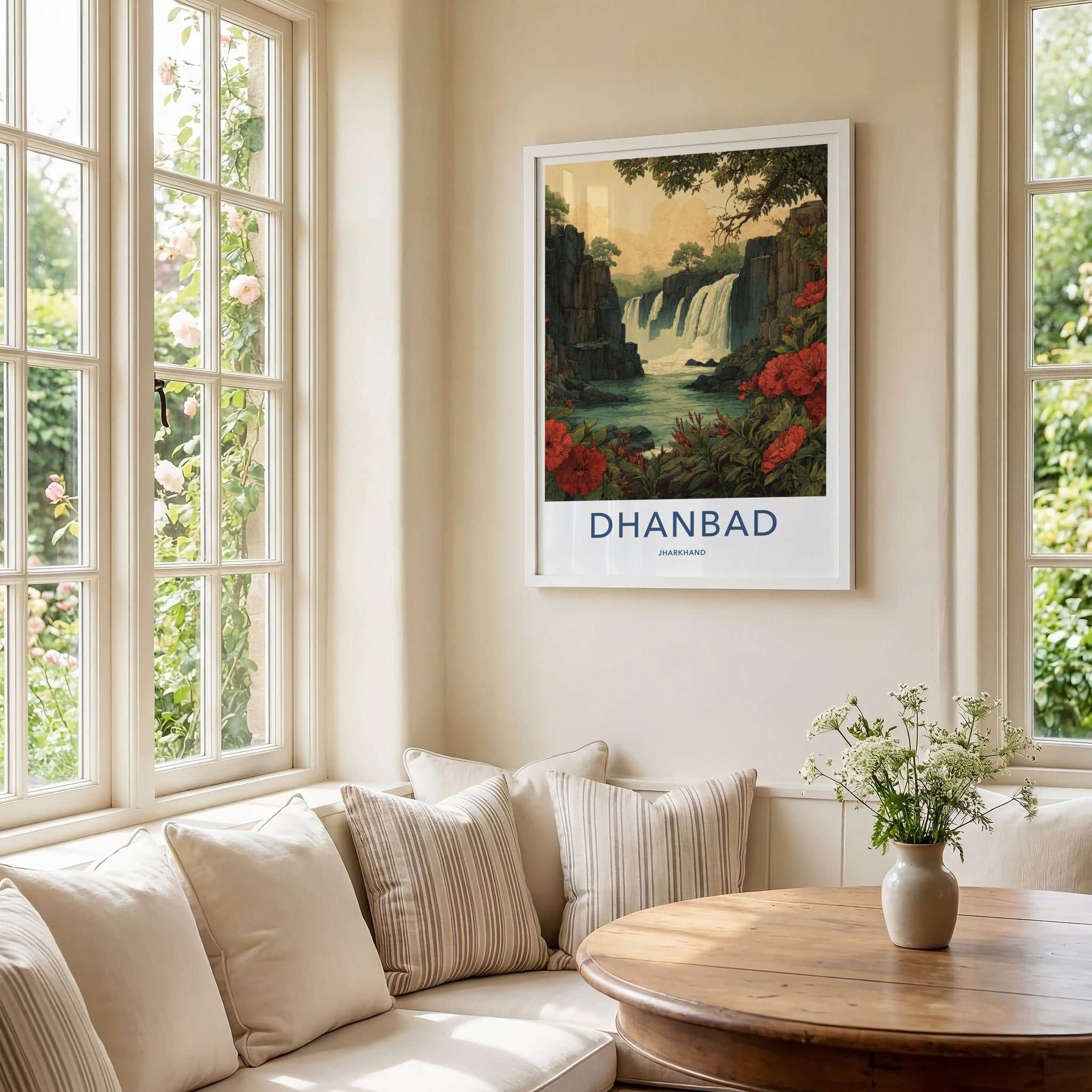 Dhanbad Poster - India Travel Art - Jharkhand Red Flowers Waterfalls Home Decor