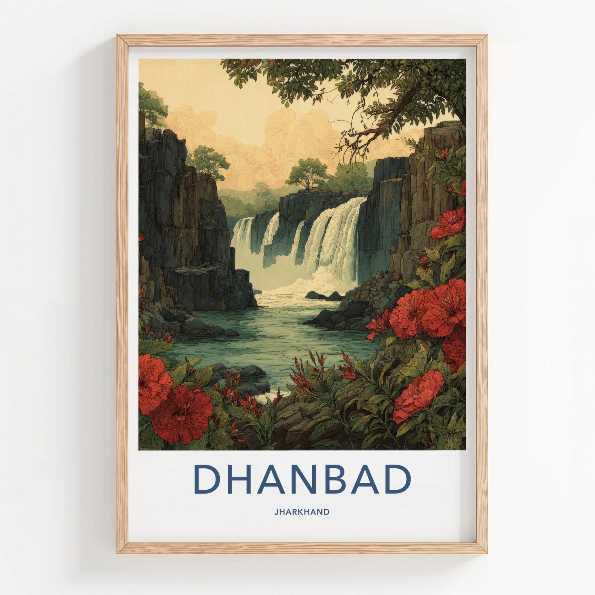 Dhanbad Poster - India Travel Art - Jharkhand Red Flowers Waterfalls Home Decor