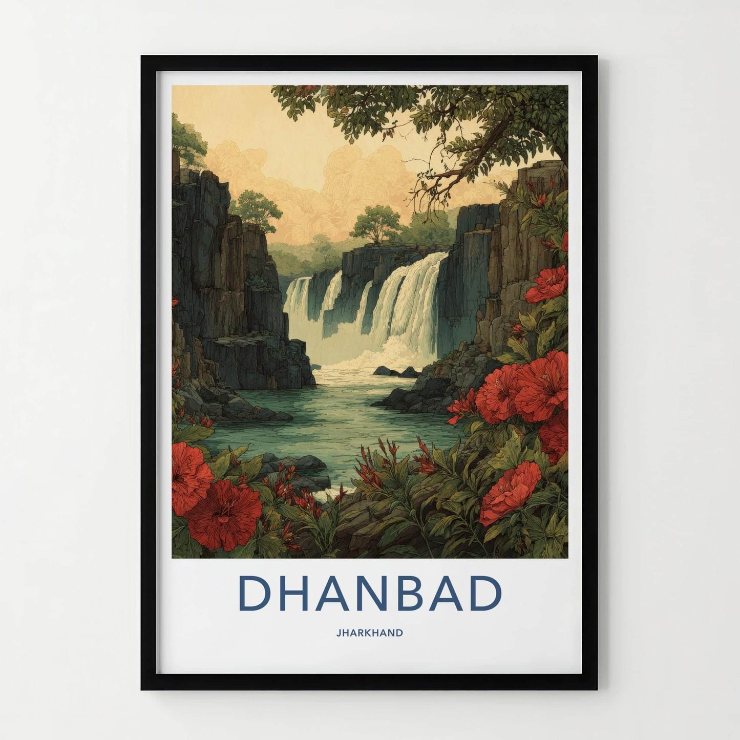 Dhanbad Poster - India Travel Art - Jharkhand Red Flowers Waterfalls Home Decor
