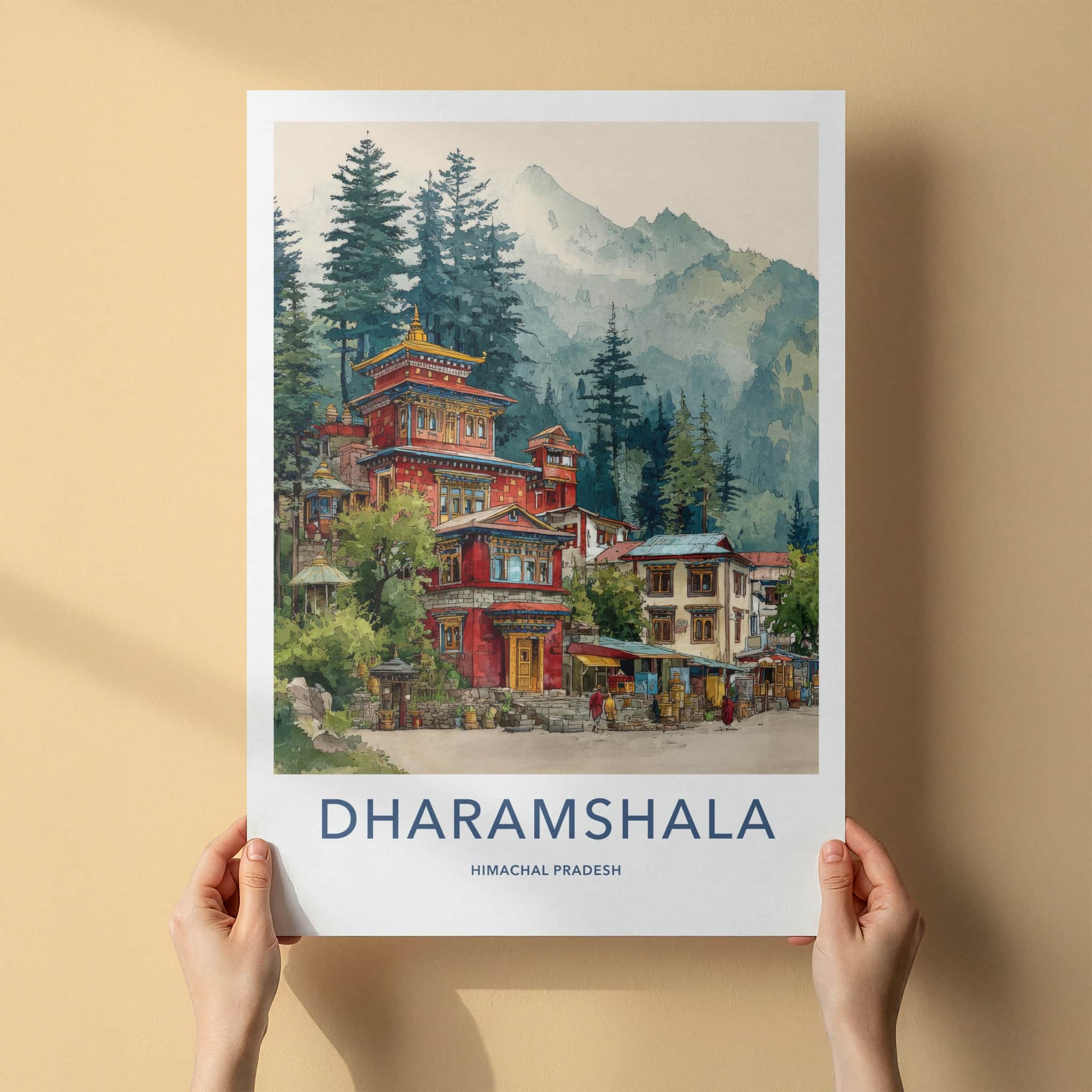 Dharamshala Poster - Himachal Pradesh Red Buildings Monk Home Decor