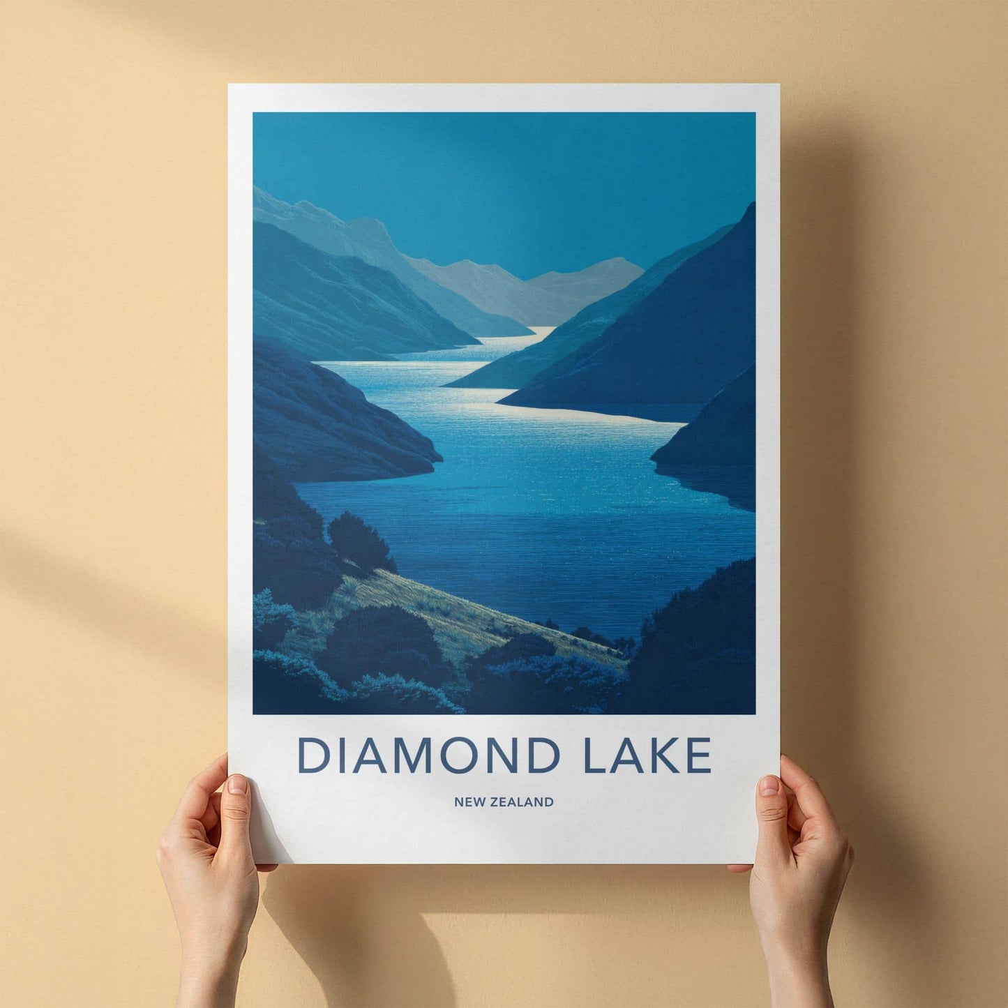 Diamond Lake Poster - New Zealand Scenic Art - Moonlit Alpine Water Wall Decor