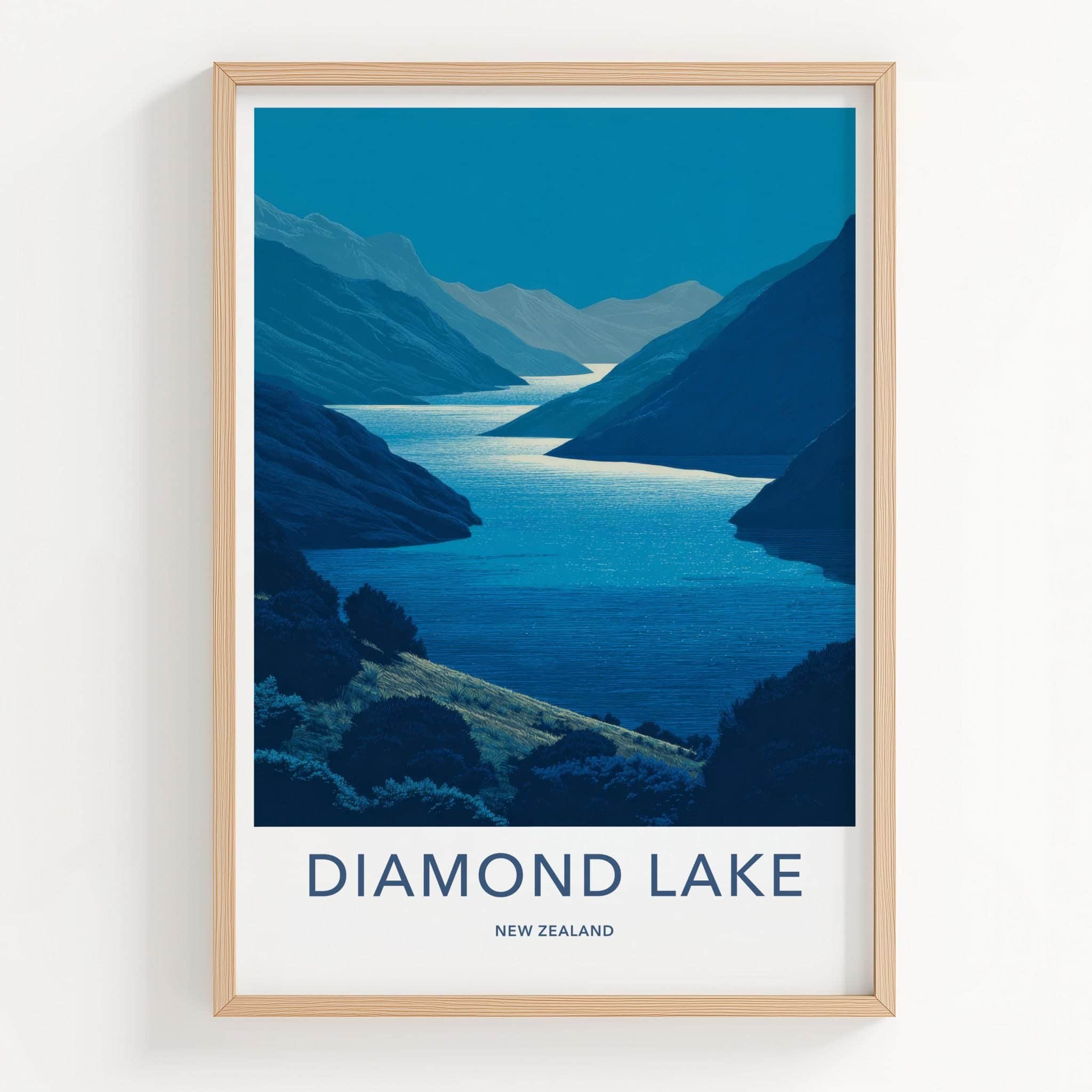 Diamond Lake Poster - New Zealand Scenic Art - Moonlit Alpine Water Wall Decor
