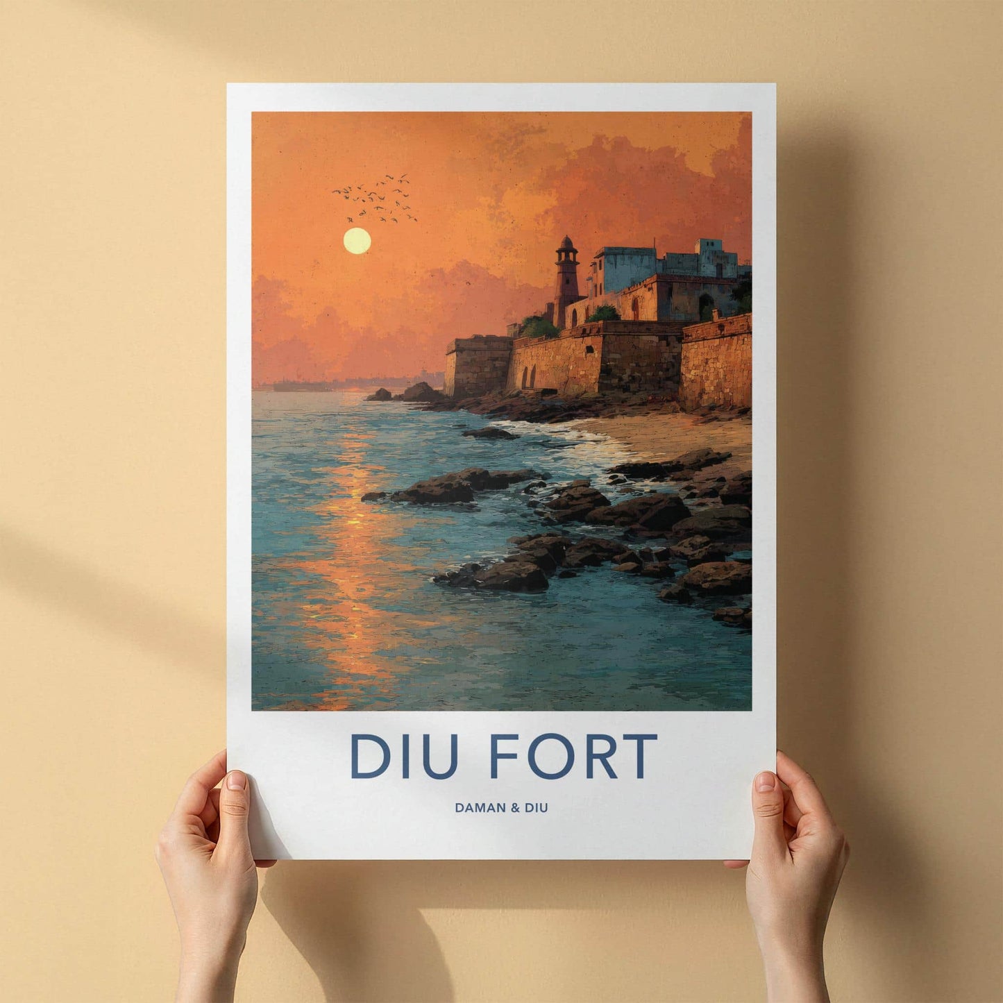Diu Fort Poster - India Travel Art - Daman & Diu coastal fort sunset Home Decor