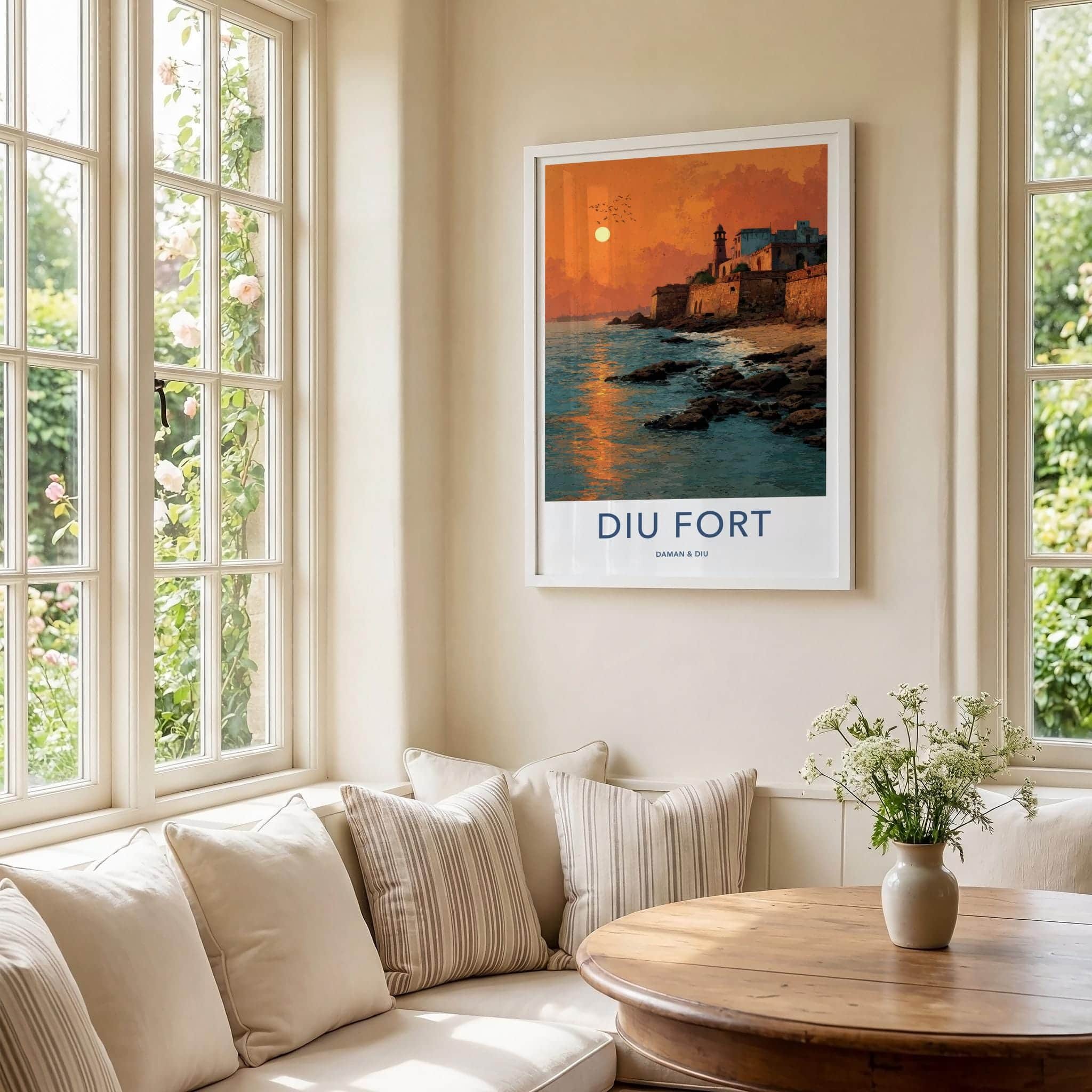 Diu Fort Poster - India Travel Art - Daman & Diu coastal fort sunset Home Decor