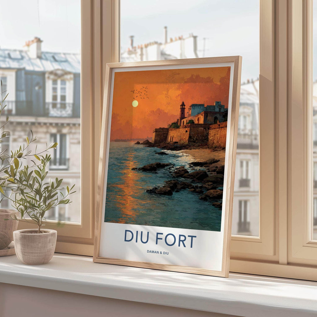 Diu Fort Poster - India Travel Art - Daman &amp; Diu coastal fort sunset Home Decor