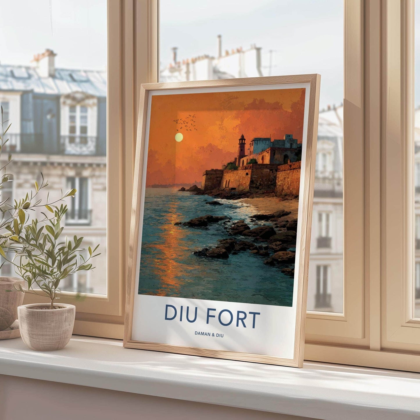 Diu Fort Poster - India Travel Art - Daman & Diu coastal fort sunset Home Decor