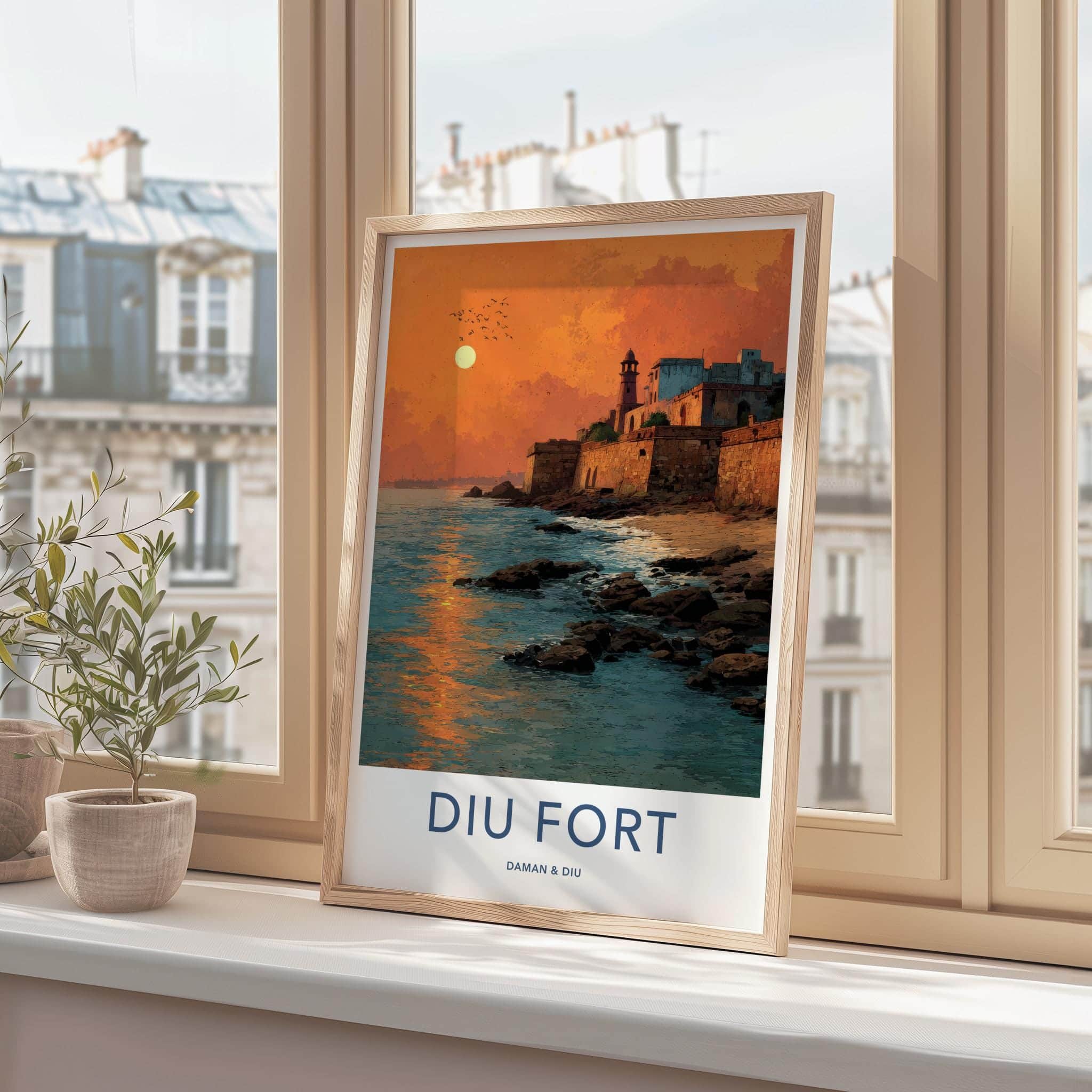 Diu Fort Poster - India Travel Art - Daman & Diu coastal fort sunset Home Decor