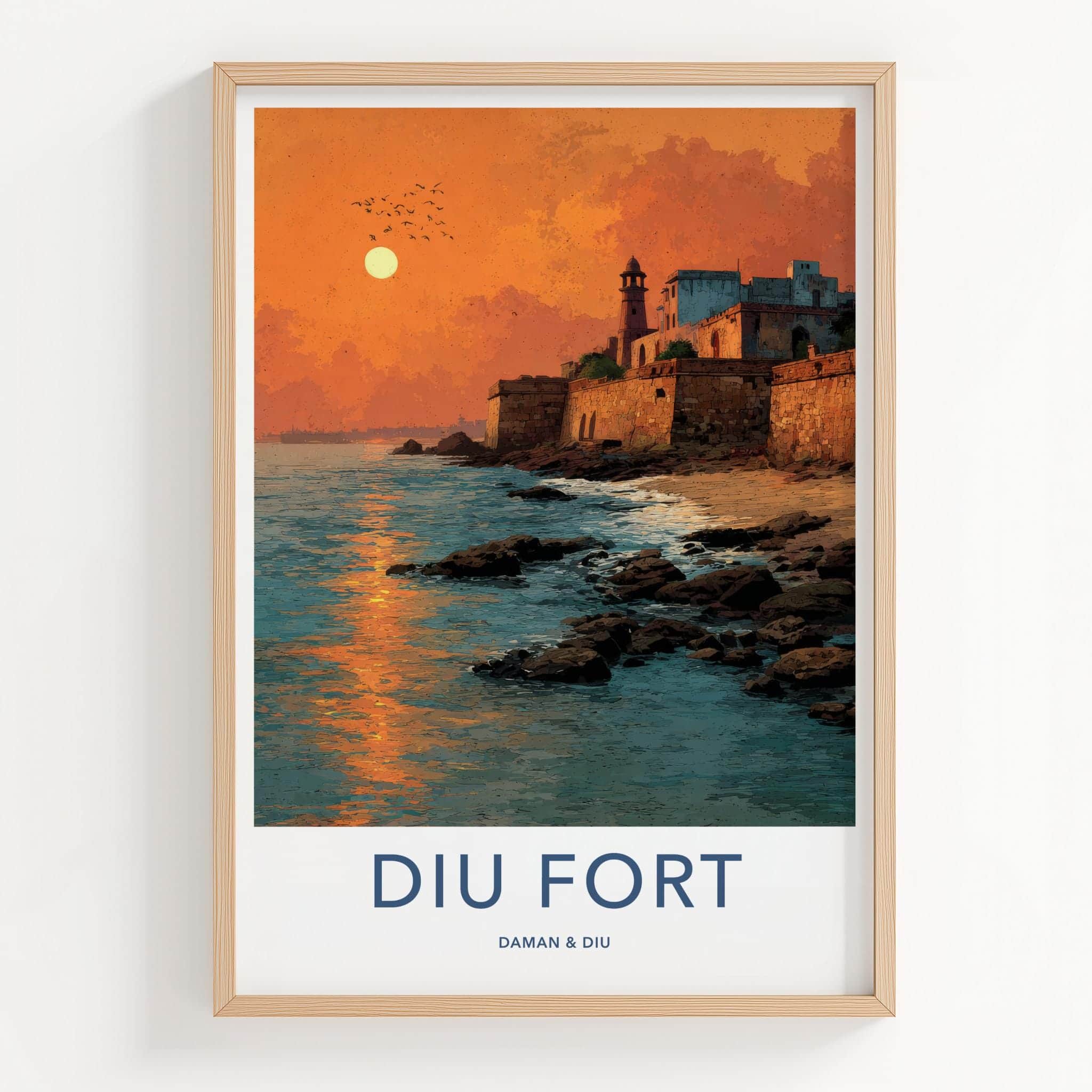 Diu Fort Poster - India Travel Art - Daman & Diu coastal fort sunset Home Decor