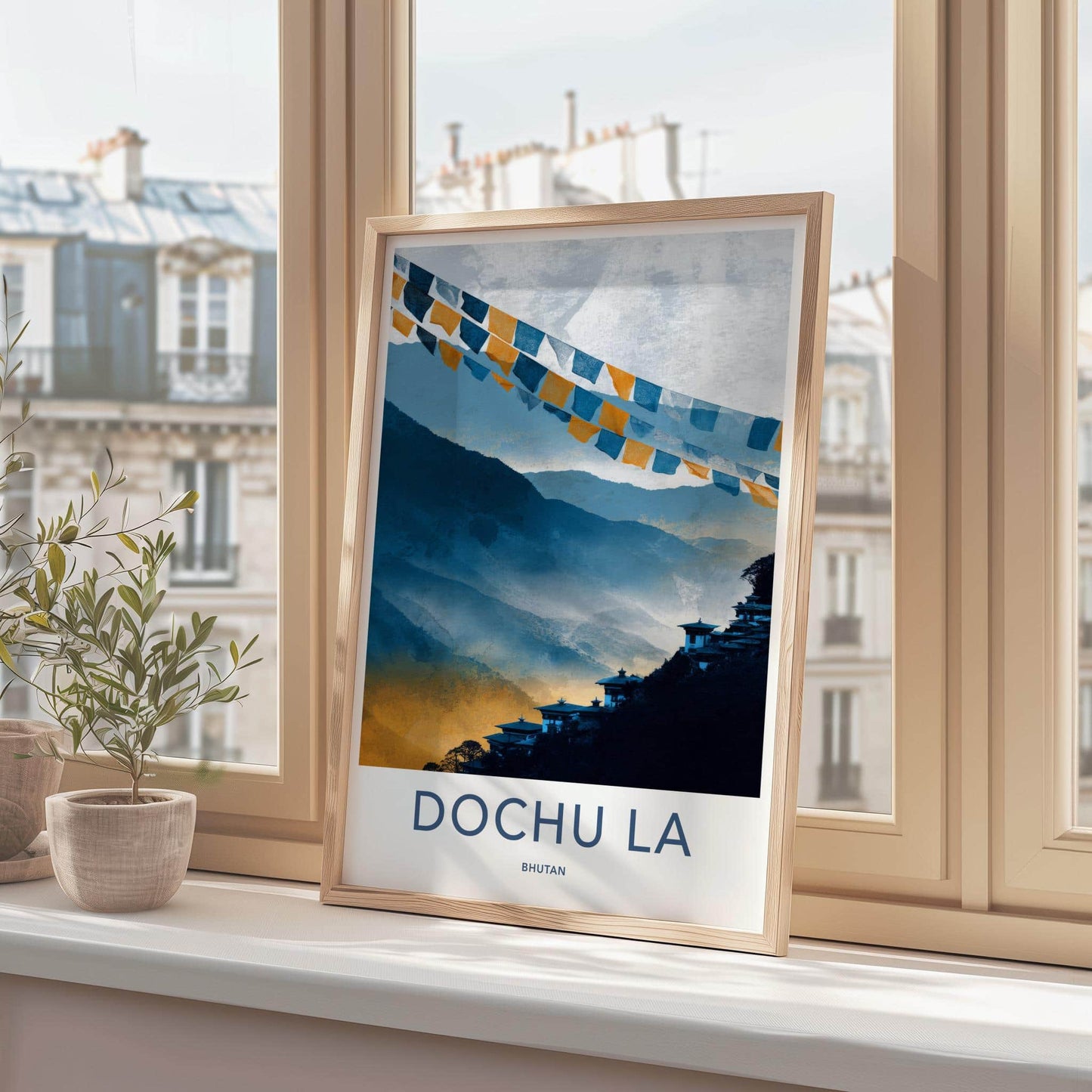 Dochu La Poster - Bhutan Travel Art - Misty Mountain Temples Home Decor