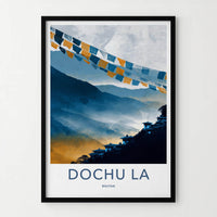 Dochu La Poster - Bhutan Travel Art - Misty Mountain Temples Home Decor
