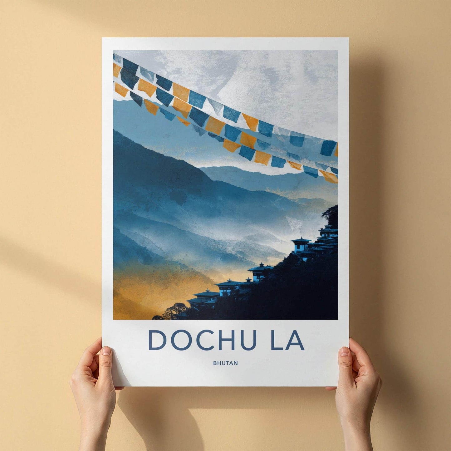 Dochu La Poster - Bhutan Travel Art - Misty Mountain Temples Home Decor