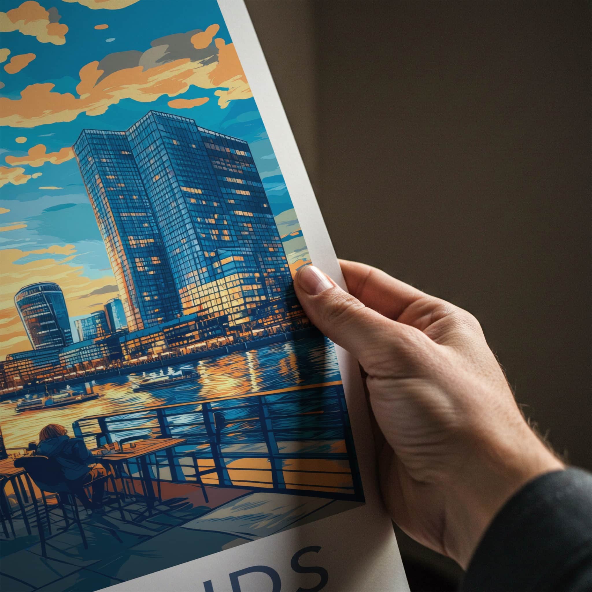 Docklands Poster - England Travel Art - Urban Waterside Sunset Home Decor