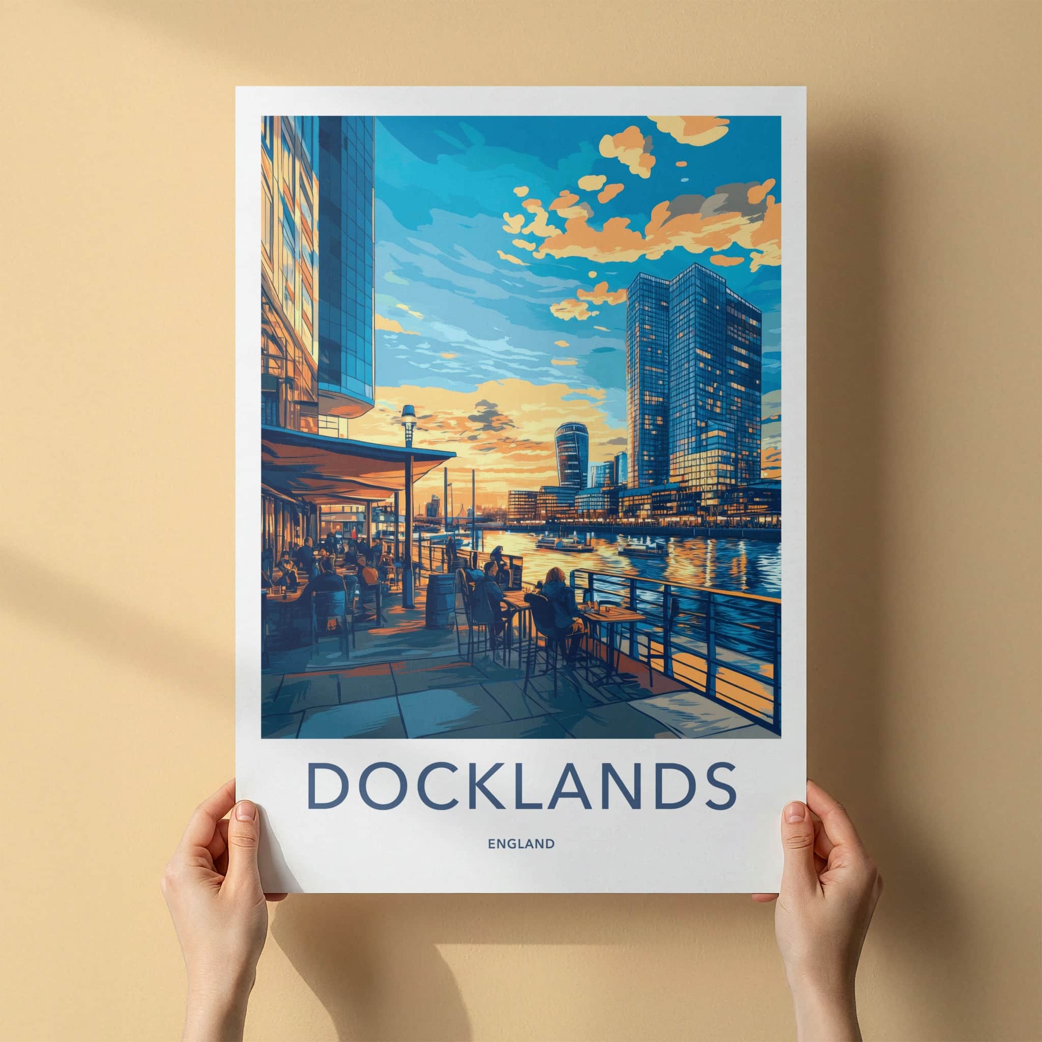 Docklands Poster - England Travel Art - Urban Waterside Sunset Home Decor