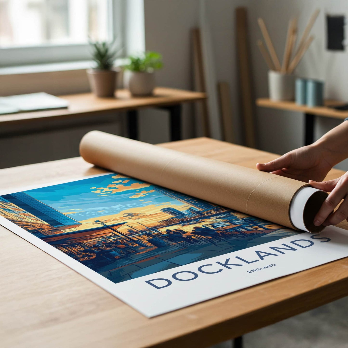 Docklands Poster - England Travel Art - Urban Waterside Sunset Home Decor