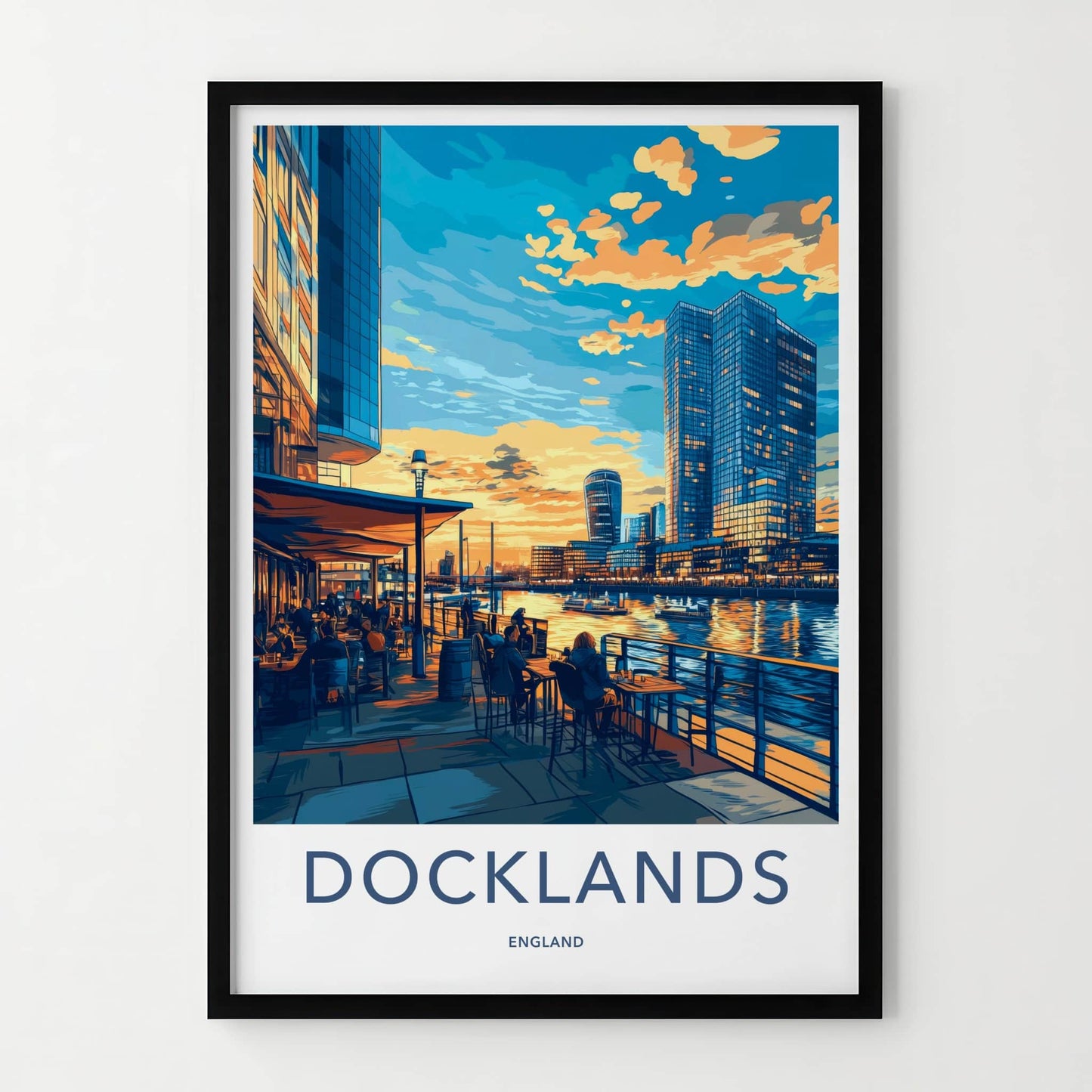 Docklands Poster - England Travel Art - Urban Waterside Sunset Home Decor