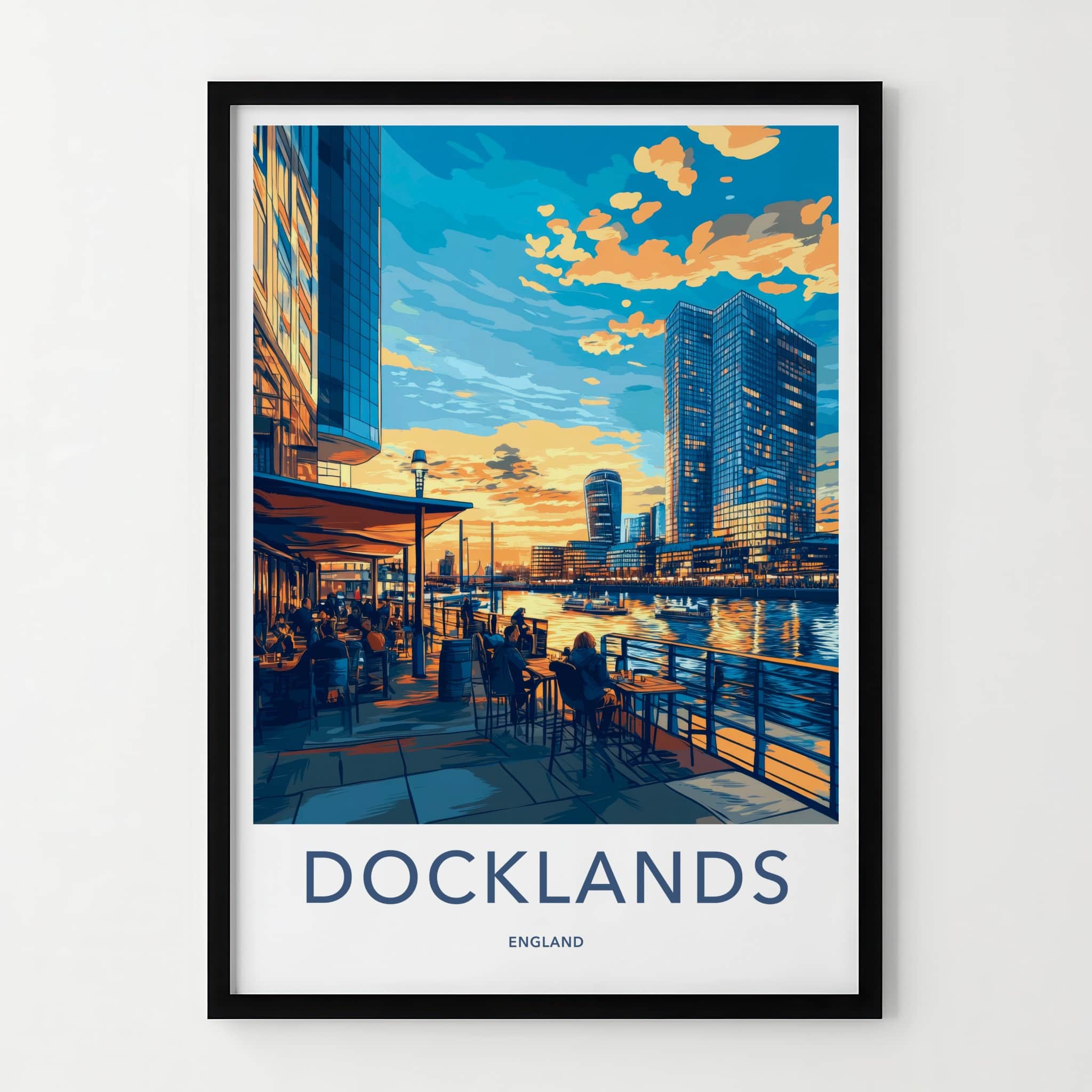 Docklands Poster - England Travel Art - Urban Waterside Sunset Home Decor