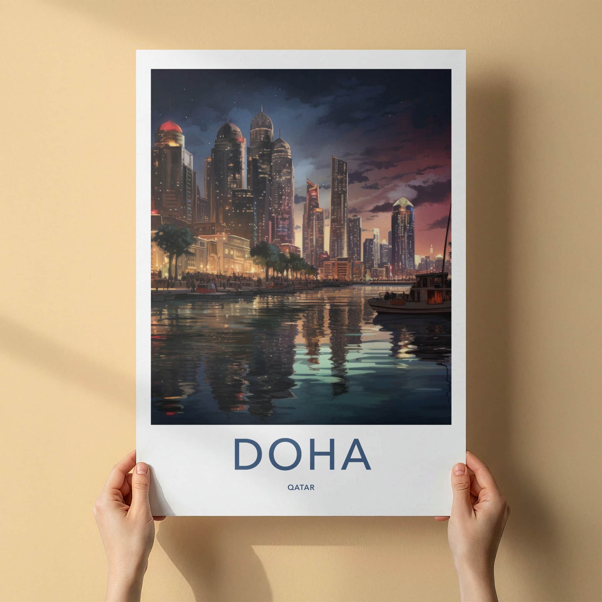Doha Poster - Qatar Framed Print - Dusk City Marina Gallery Art